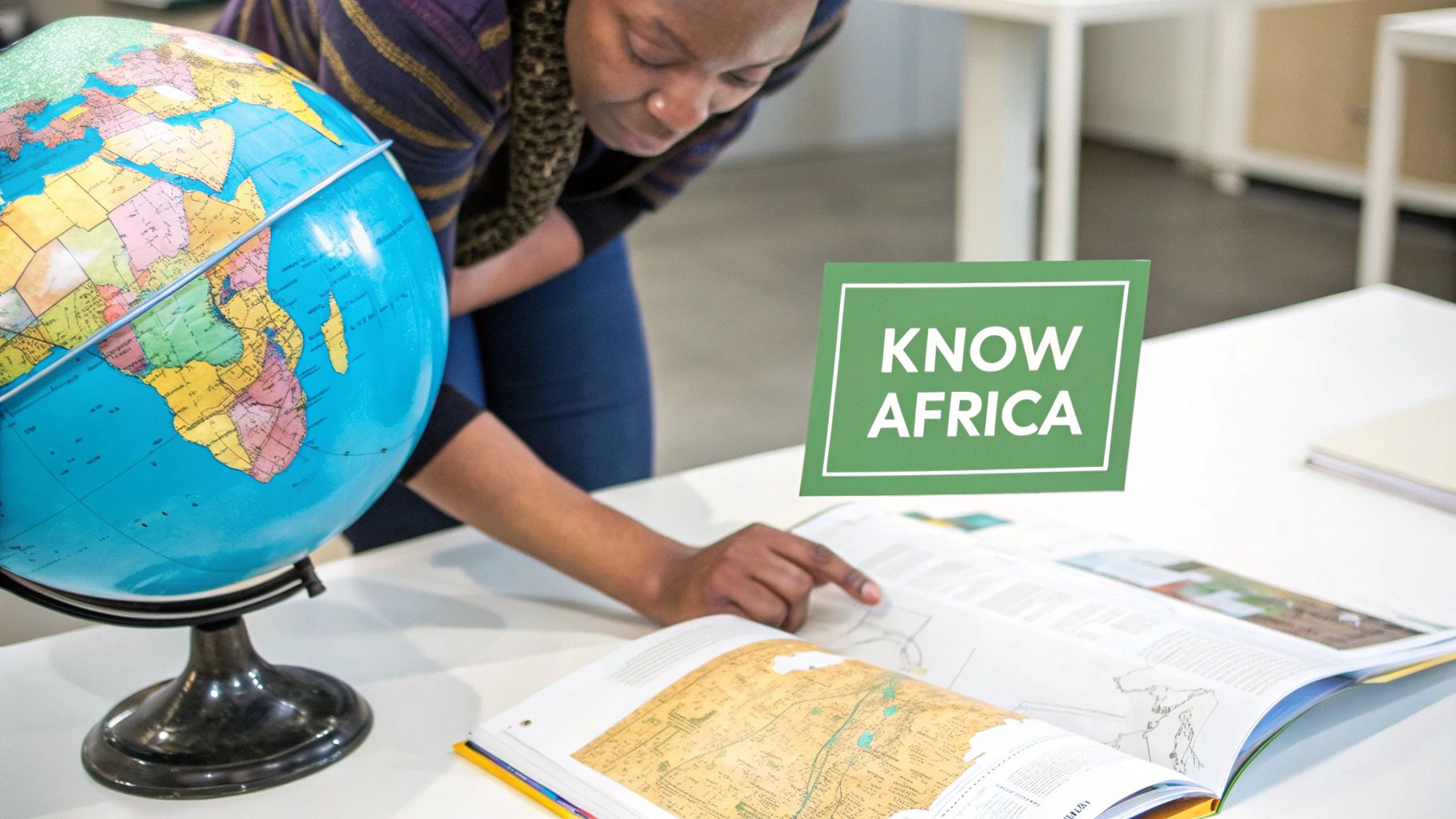 A person studies an open book and a globe prominently displaying Africa, with a 'KNOW AFRICA' sign on a white table.