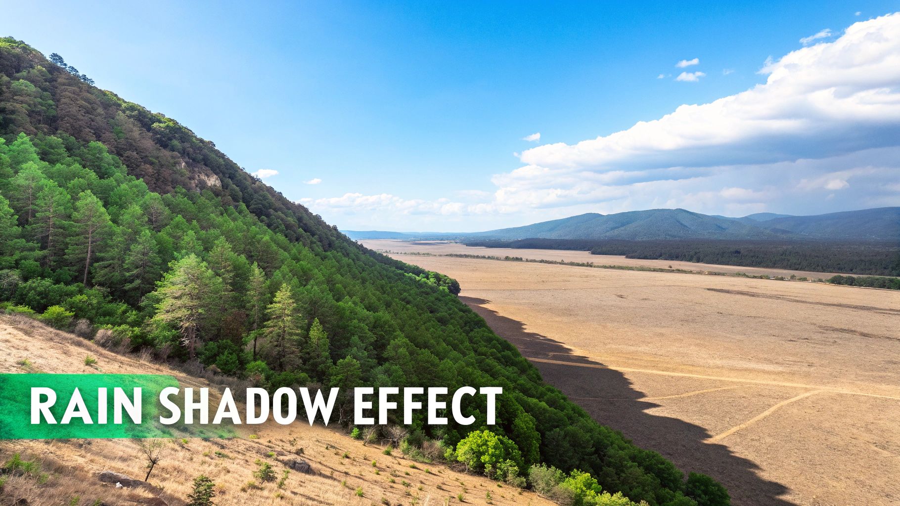 A rain shadow effect where a lush green mountain meets a dry, sun-baked valley.