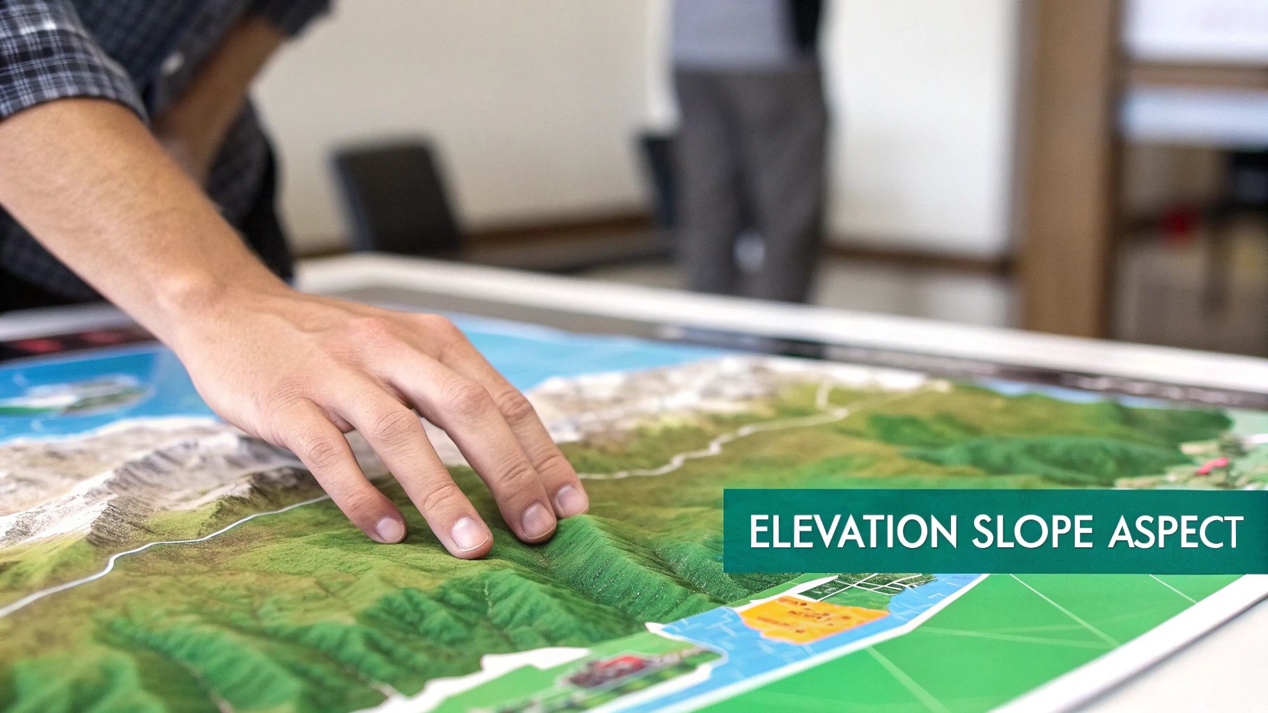 A hand interacts with a large, textured relief map, highlighting elevation, slope, and aspect information.