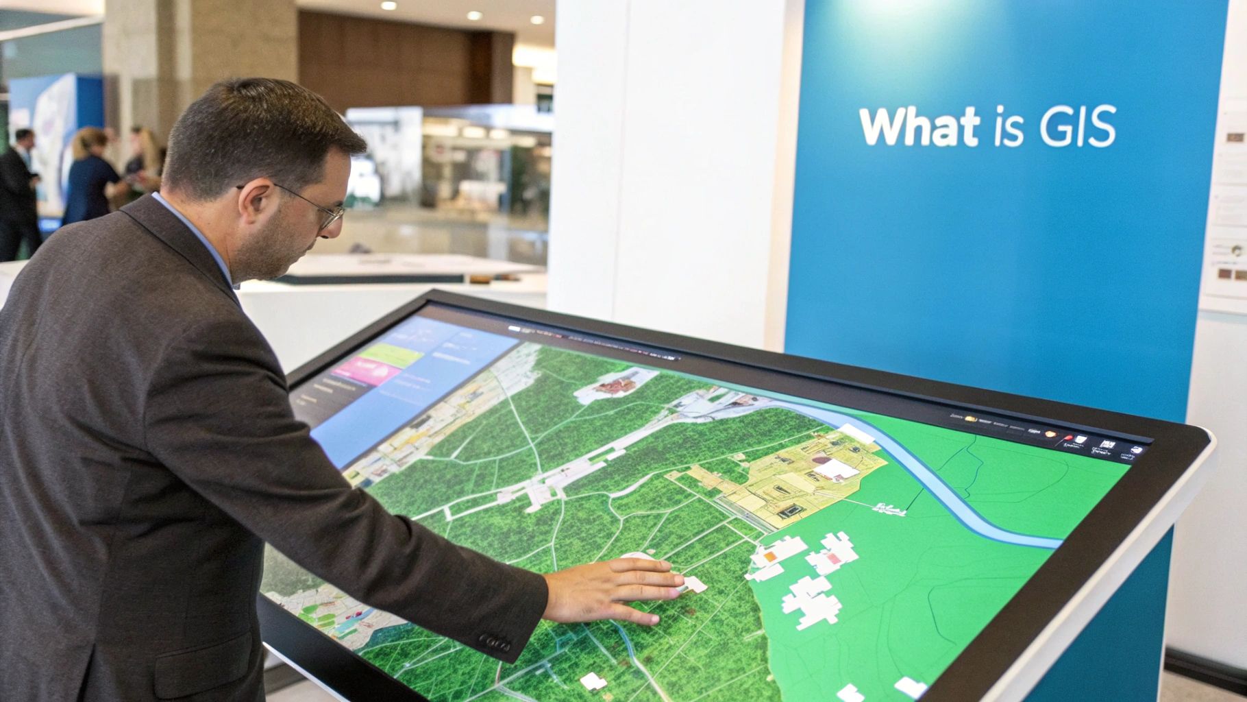A detailed 3D map showing layers of geographic data like terrain, roads, and buildings