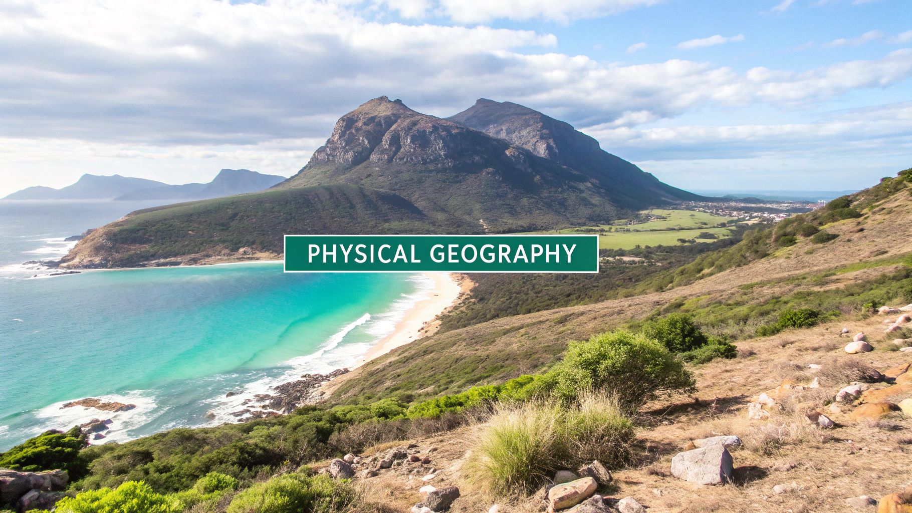 A dramatic mountain range with sharp peaks under a clear blue sky, illustrating a key landform studied in physical geography.