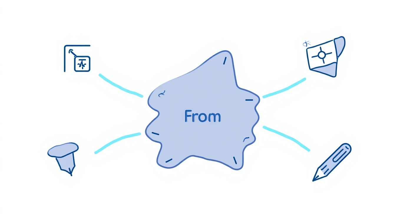 A conceptual diagram showing a central 'From' text connected to a document, map, pushpin, and pencil icons.