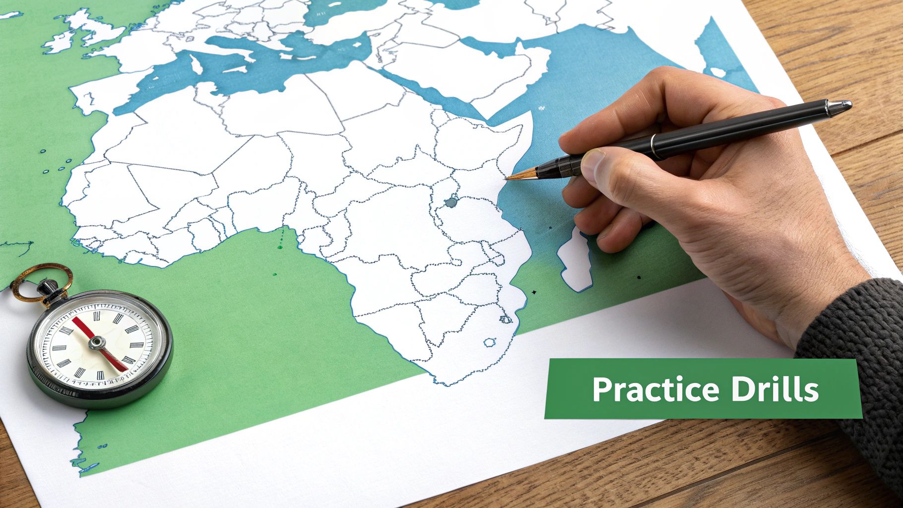 Hand drawing on blank political map of Africa and Middle East for geography practice drills