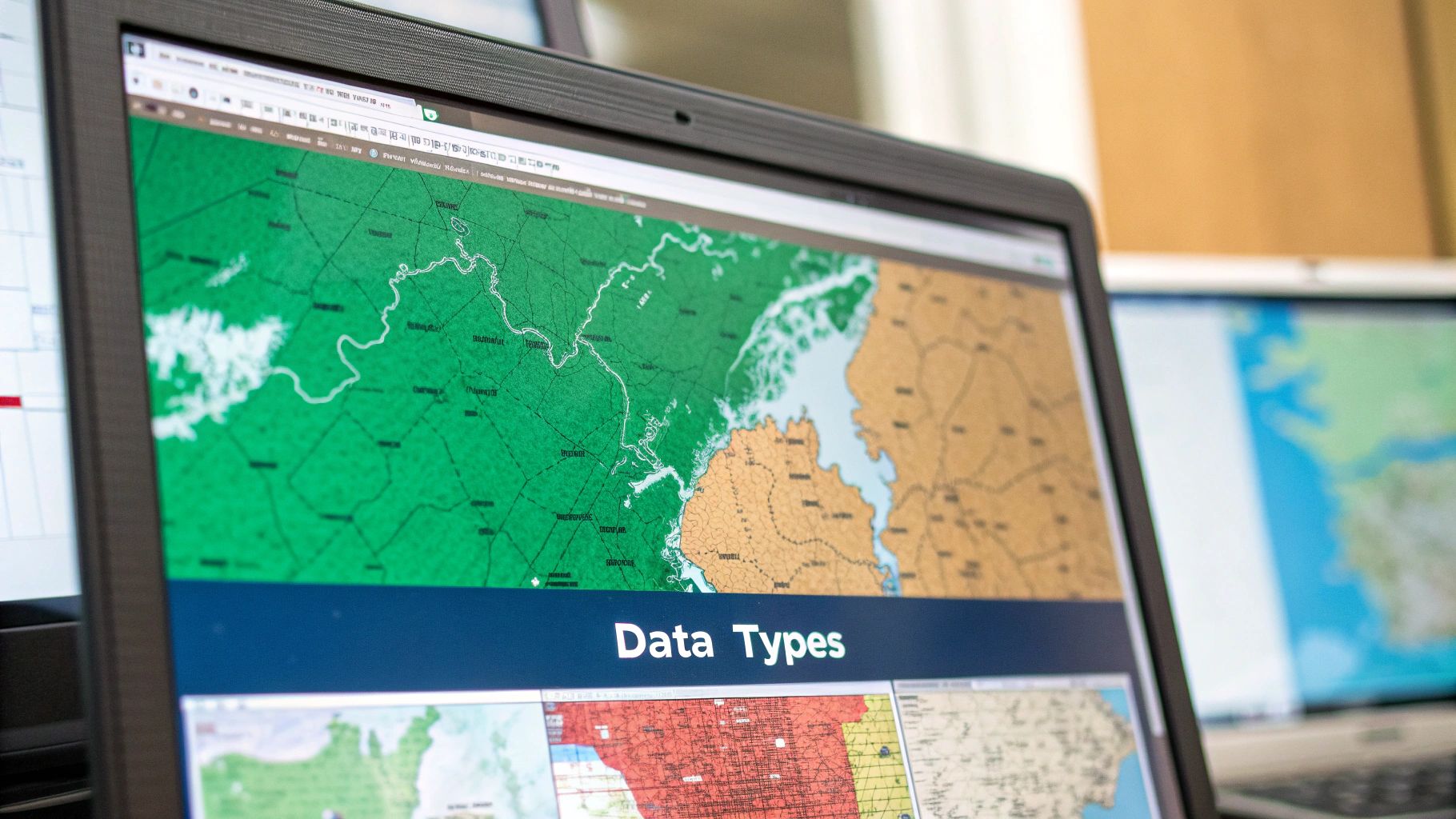 A digital map showing various data layers, such as traffic, demographics, and infrastructure, overlaid on a city grid.