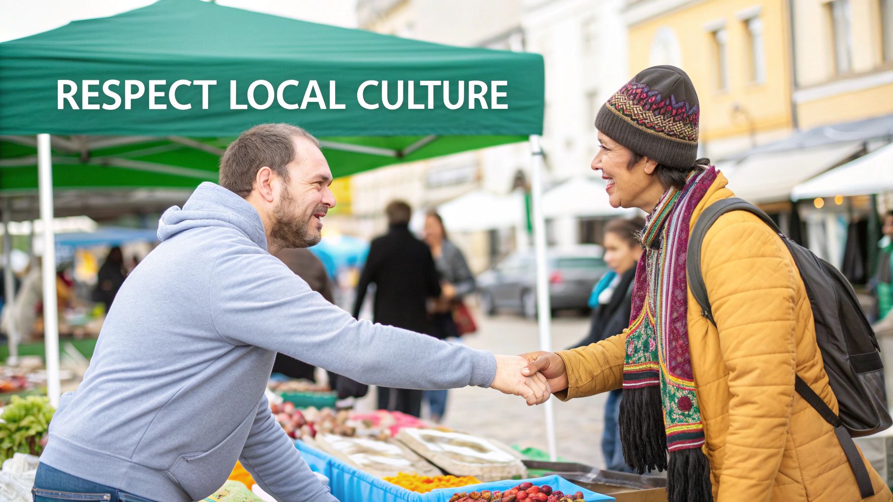 A person respectfully interacting with a local artisan in a colorful market.