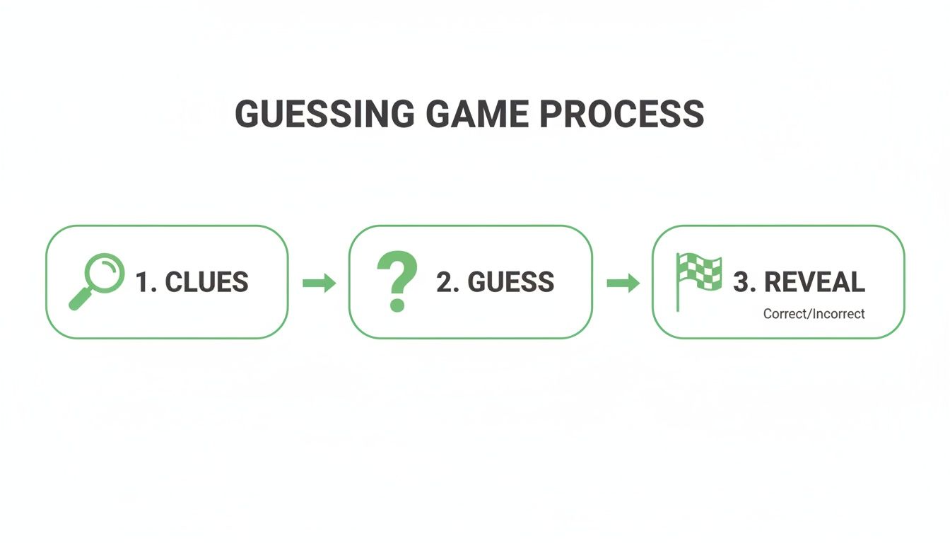 A guessing game process flowchart illustrating steps: Clues, Guess, then Reveal.