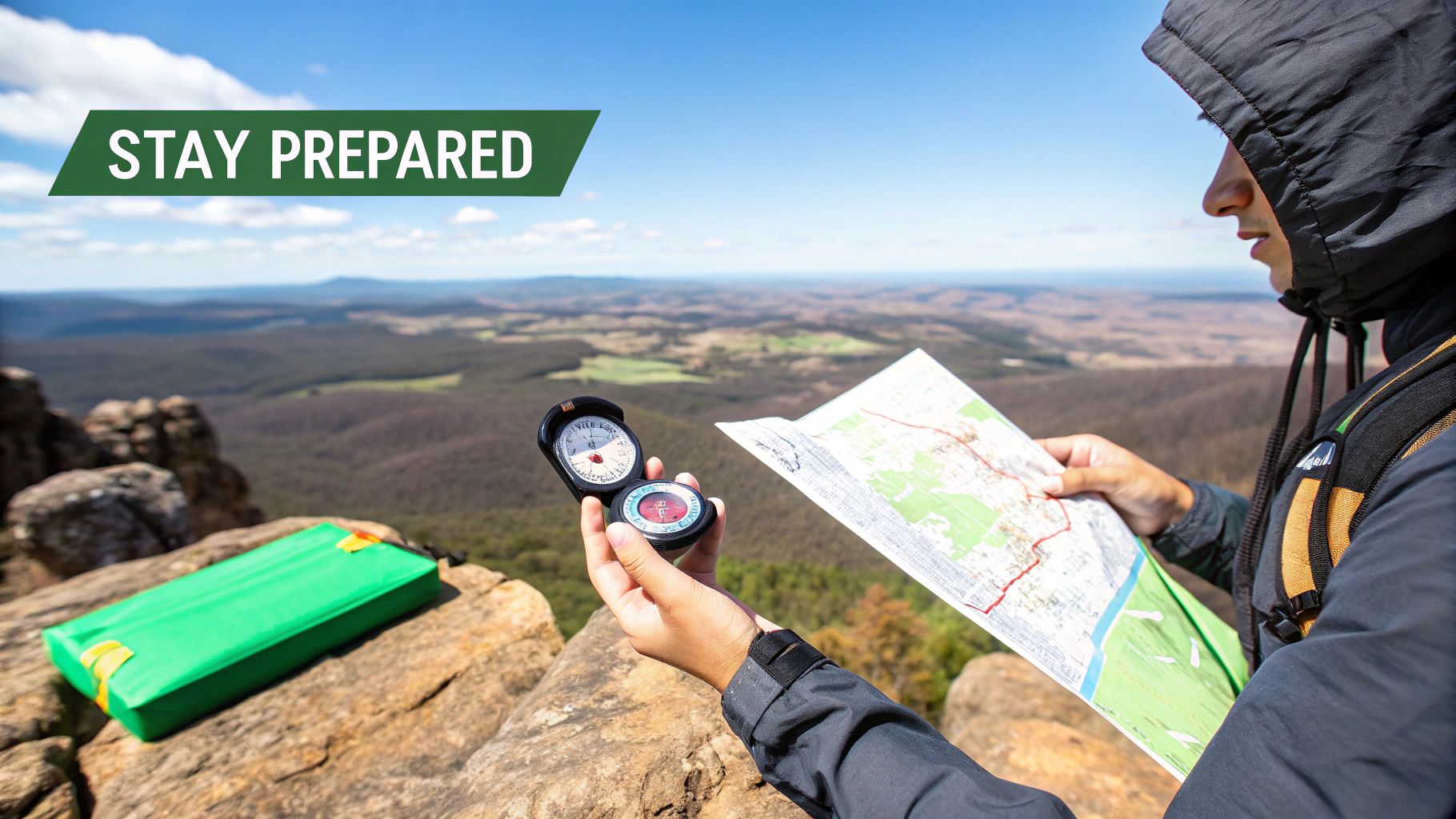 A person holding a compass over a topographic map in a forest setting, indicating a sense of adventure and navigation.