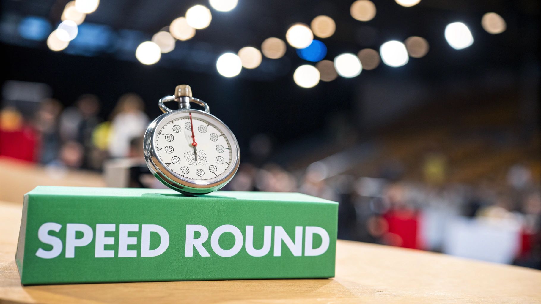 A stopwatch sits atop a green box with 'SPEED ROUND' written, against a blurred event background.