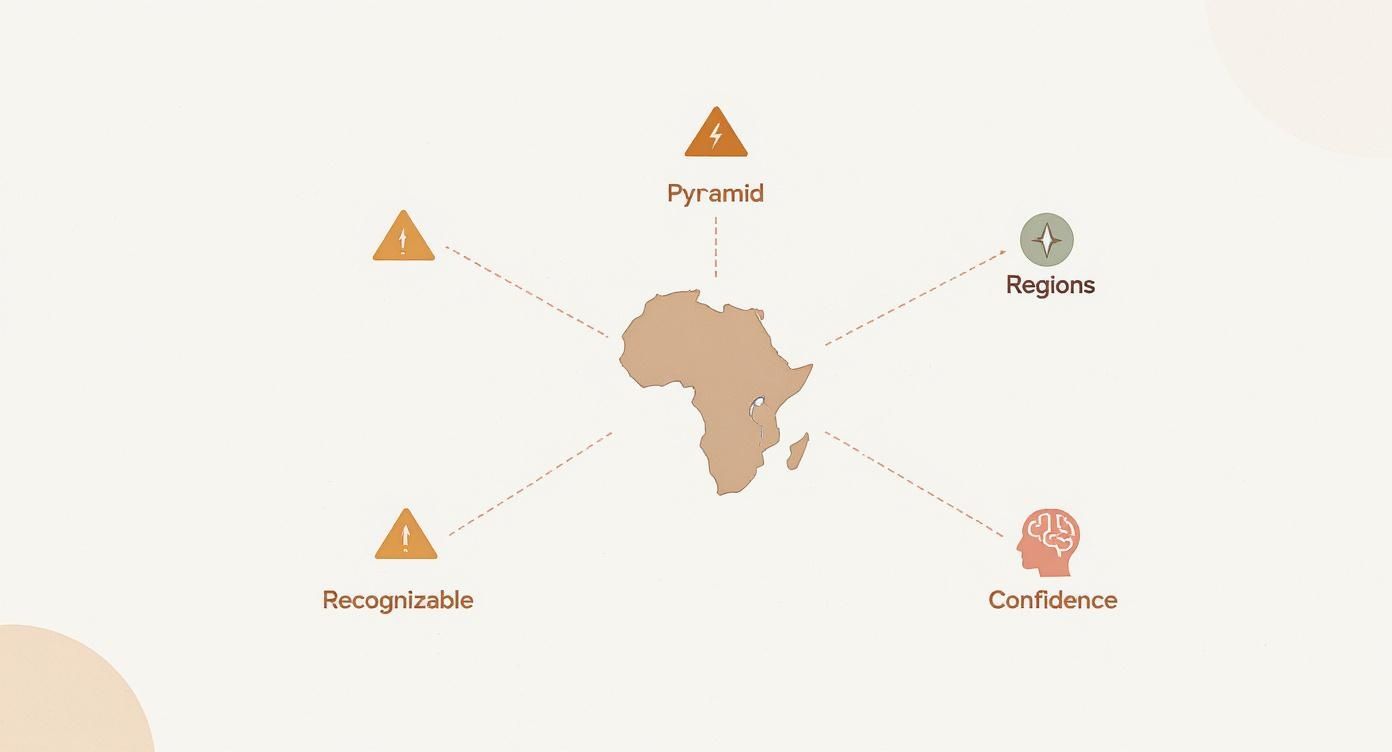 Map of Africa surrounded by concepts: Pyramid, Regions, Recognizable, and Confidence.