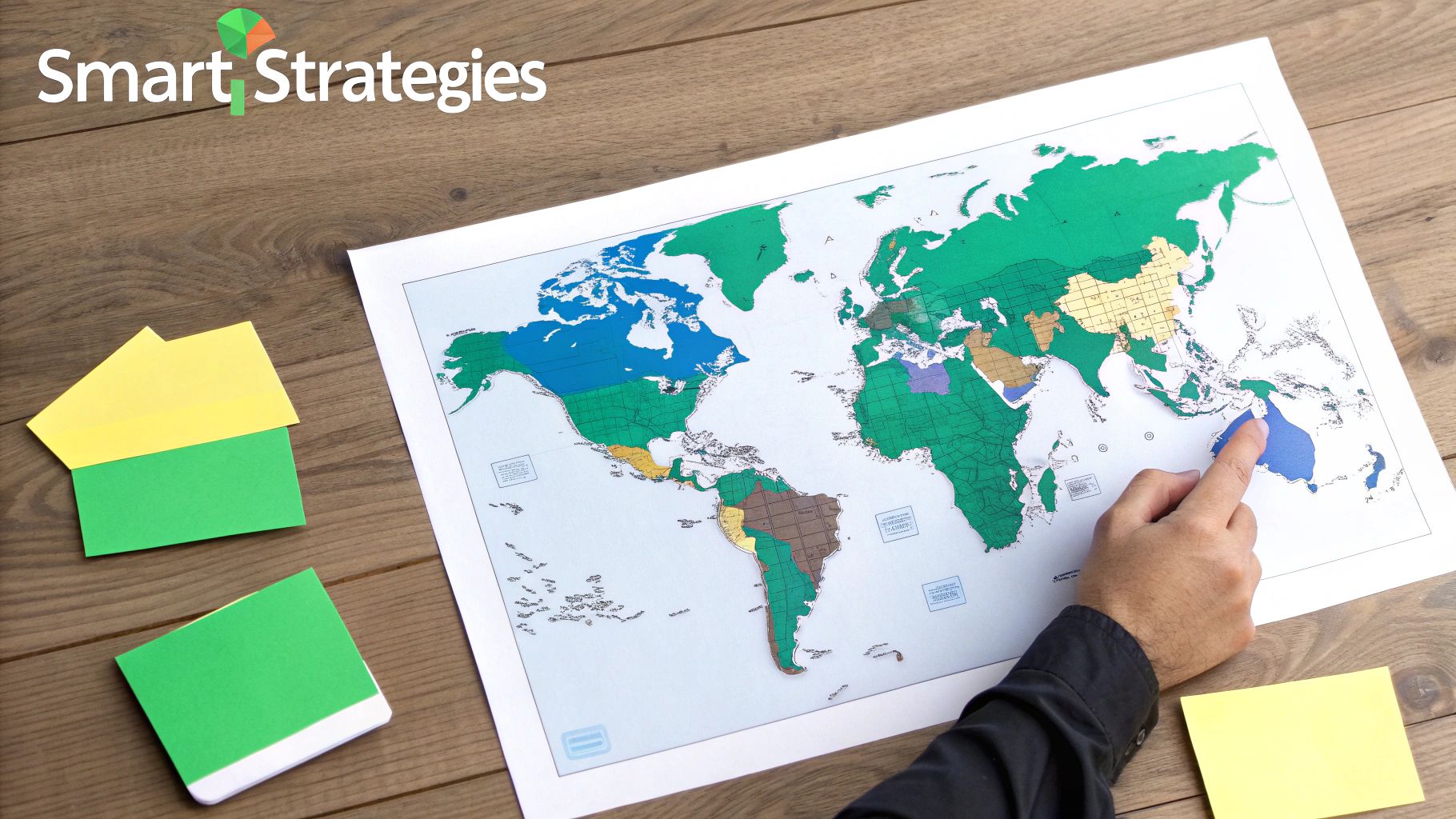 A hand points to Australia on a colorful world map, with sticky notes and a company logo.