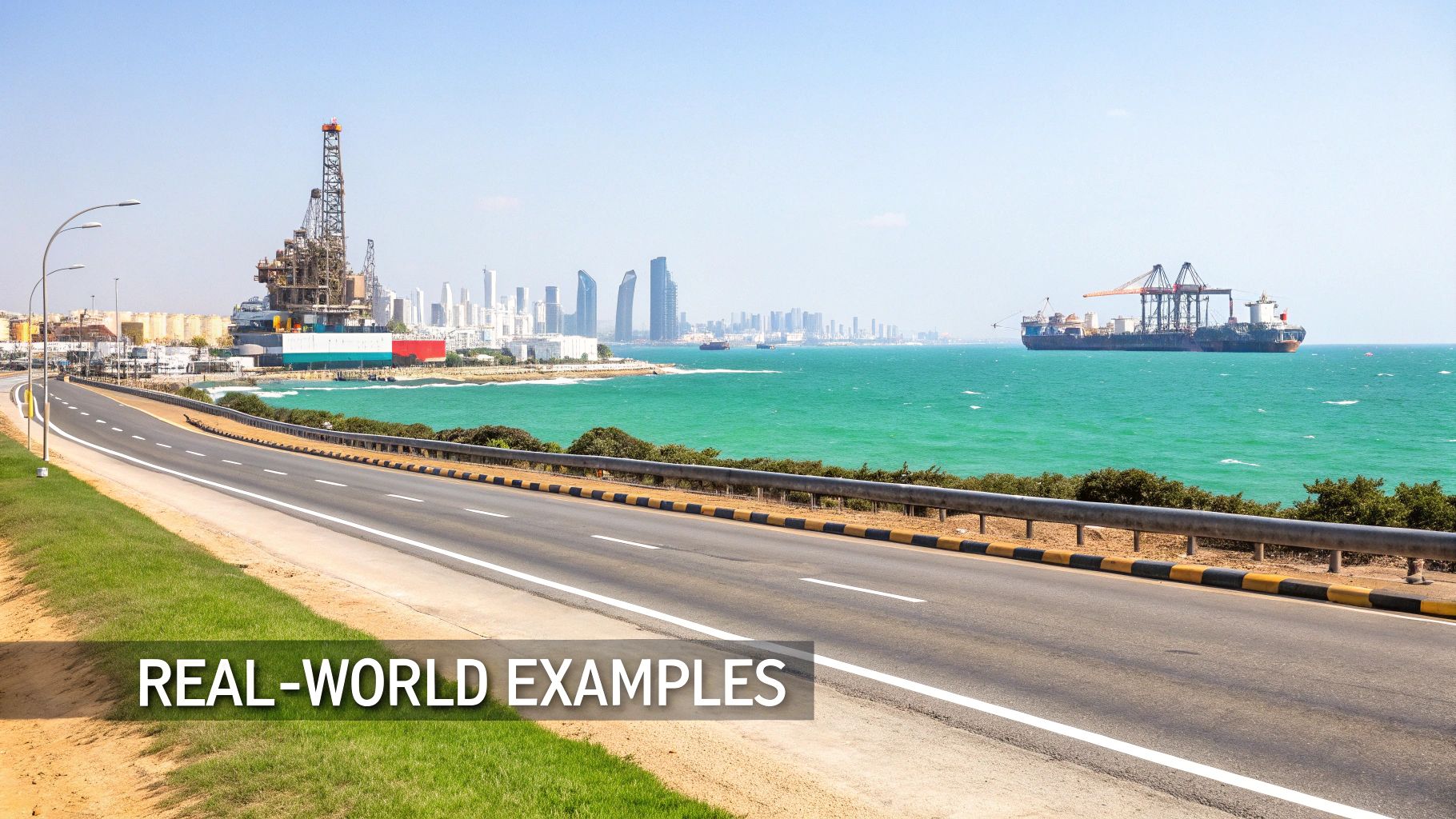 A bustling port with cargo ships and cranes, illustrating the flow of global trade and logistics.