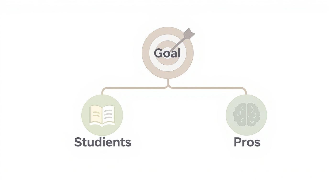 Diagram showing a goal target connected to students (book icon) and professionals (brain icon).