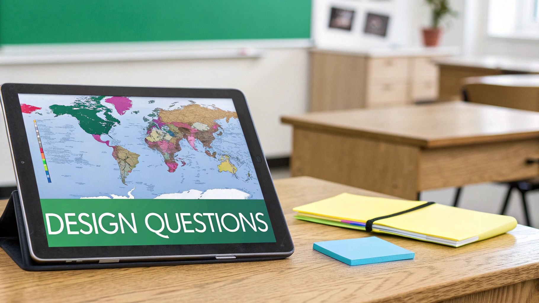 A tablet on a wooden desk displays a colorful world map with 'DESIGN QUESTIONS' in a classroom.