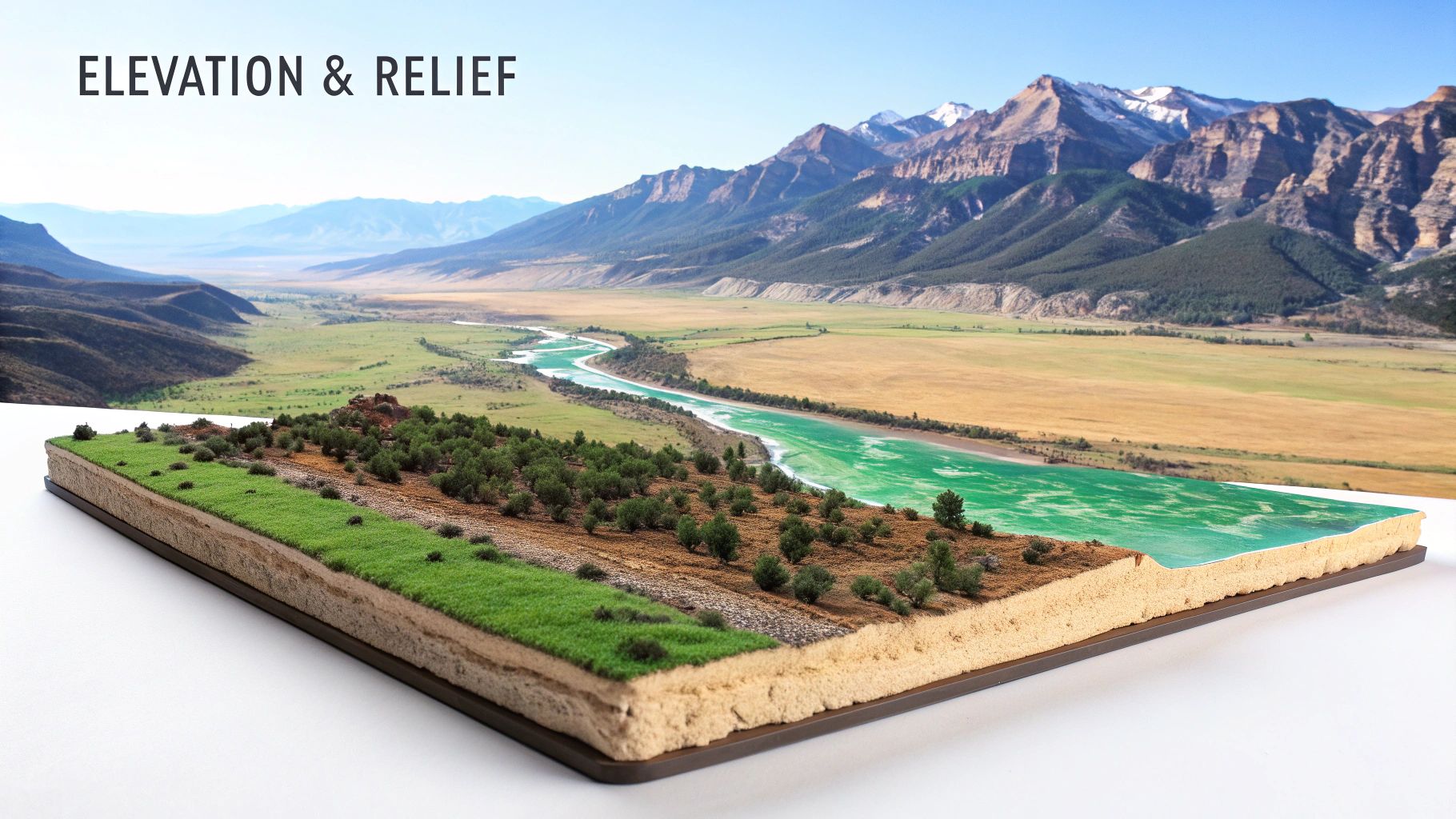 A river carving a deep valley through a majestic, high-relief mountain range