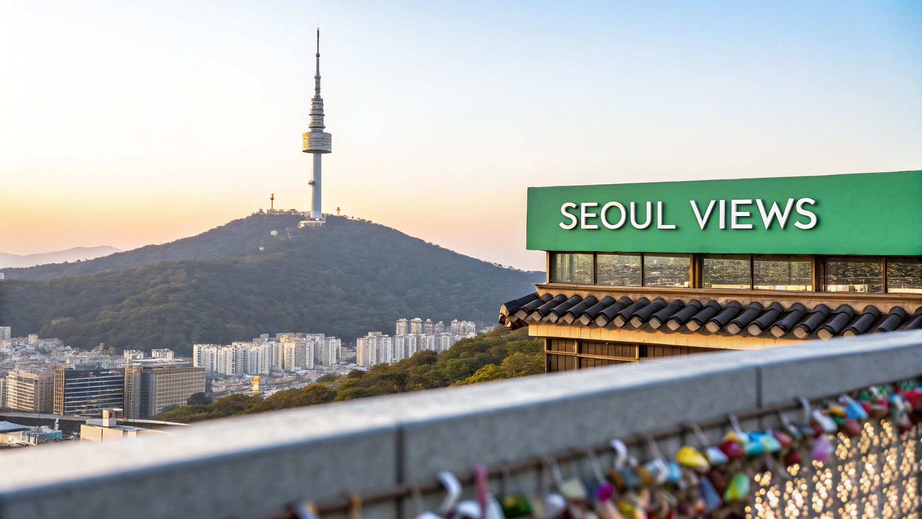 Seoul cityscape with N Seoul Tower on Namsan Mountain and traditional Korean architecture rooftop