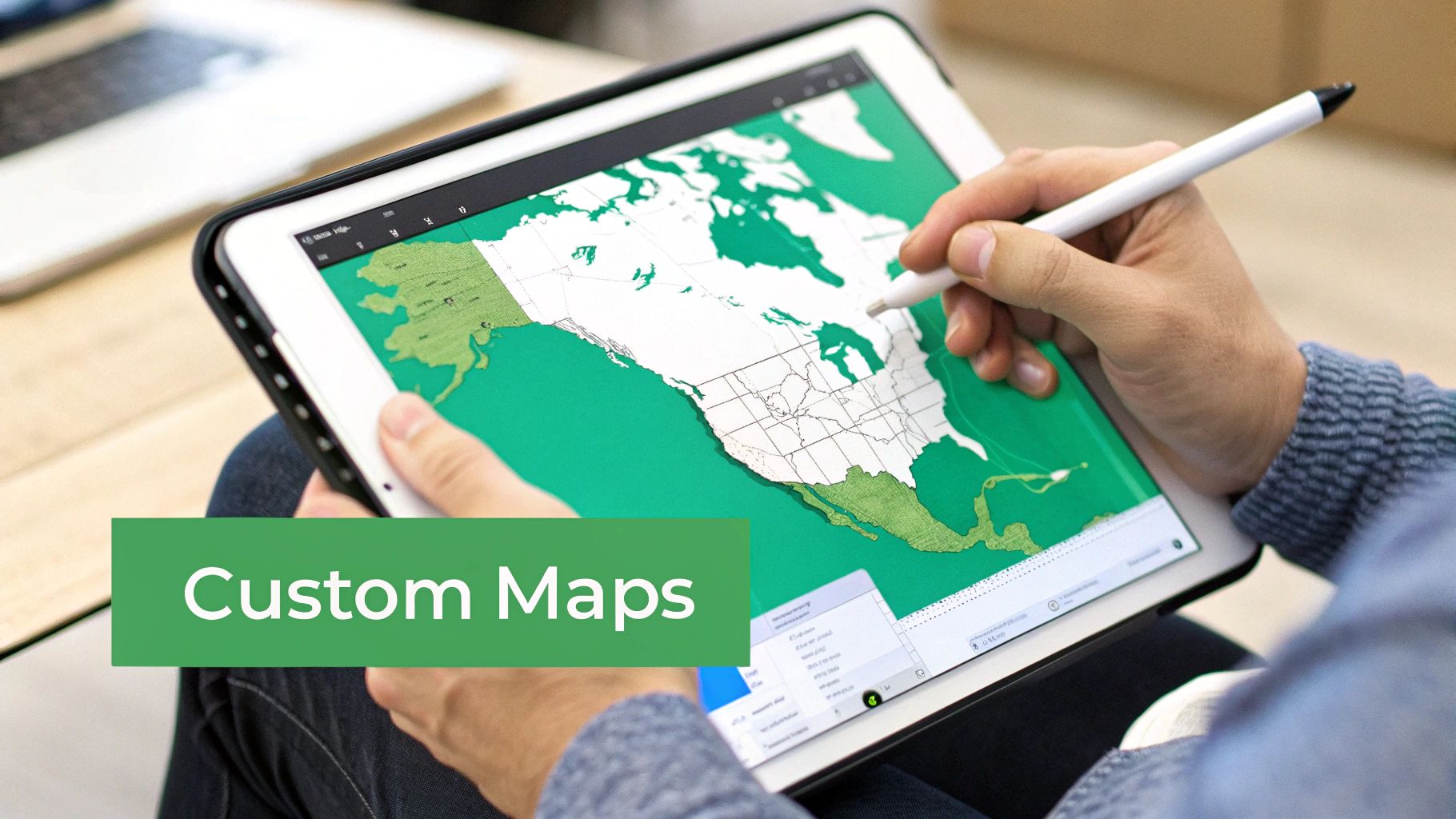 Hands customizing a North America map on a tablet with a stylus, featuring 'Custom Maps' text.