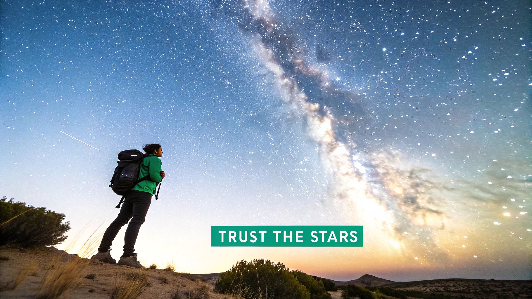 Person looking at a starry night sky with mountains in the background, illustrating the concept of navigating using stars