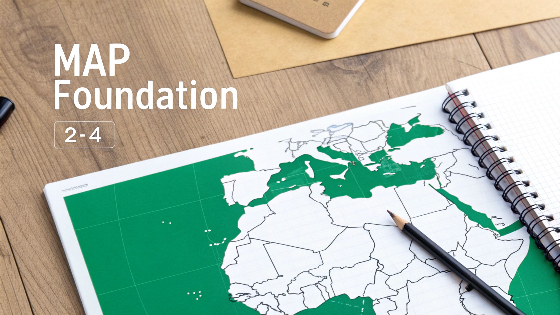 MAP Foundation workbook with spiral notebook showing North Africa and Middle East geography quiz materials