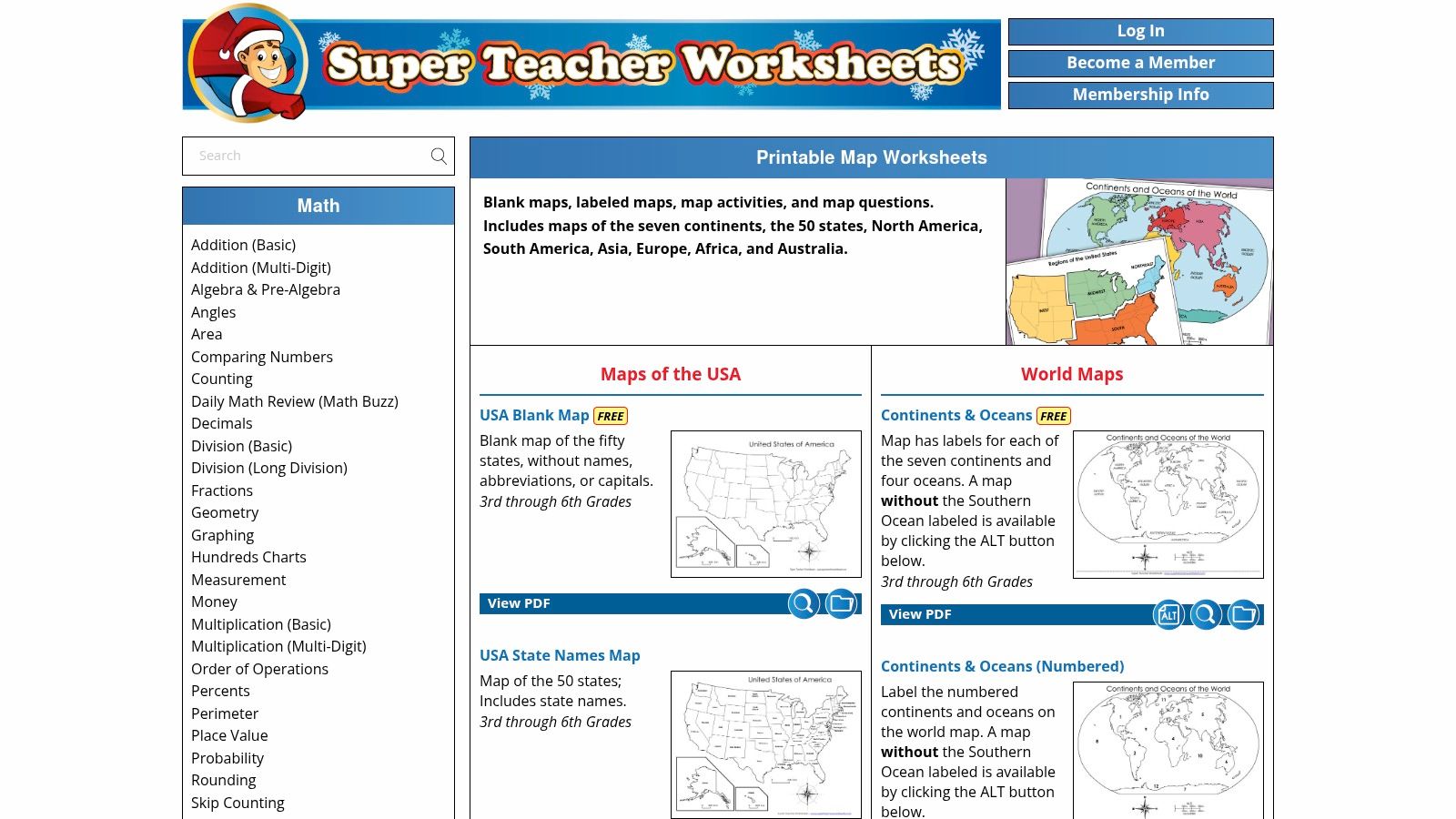 Super Teacher Worksheets map example showing a blank outline of South America for classroom use.