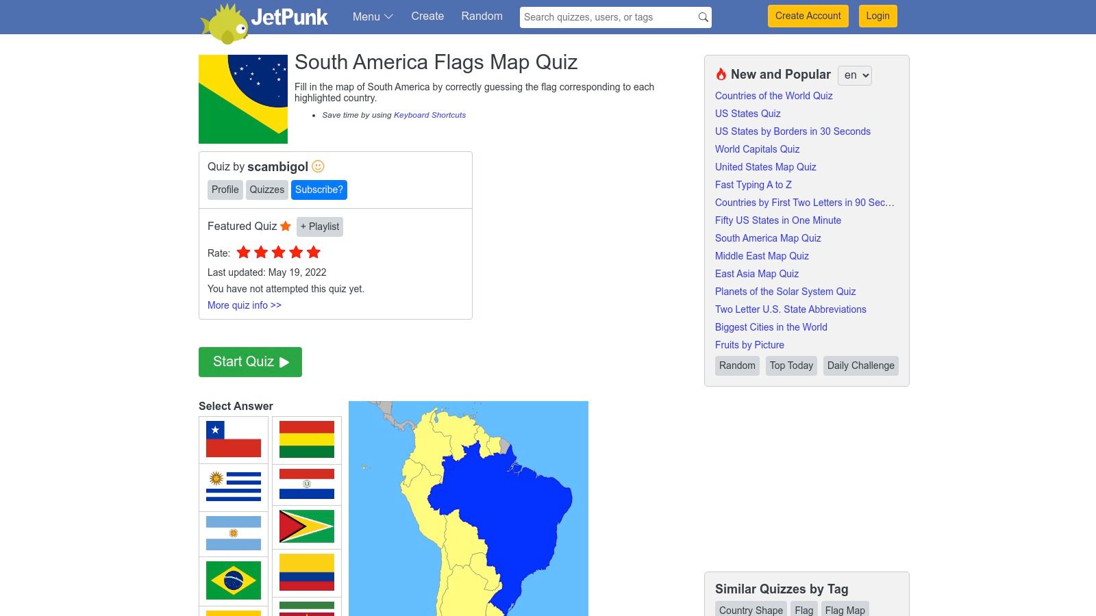 JetPunk South American Flags Quiz Interface