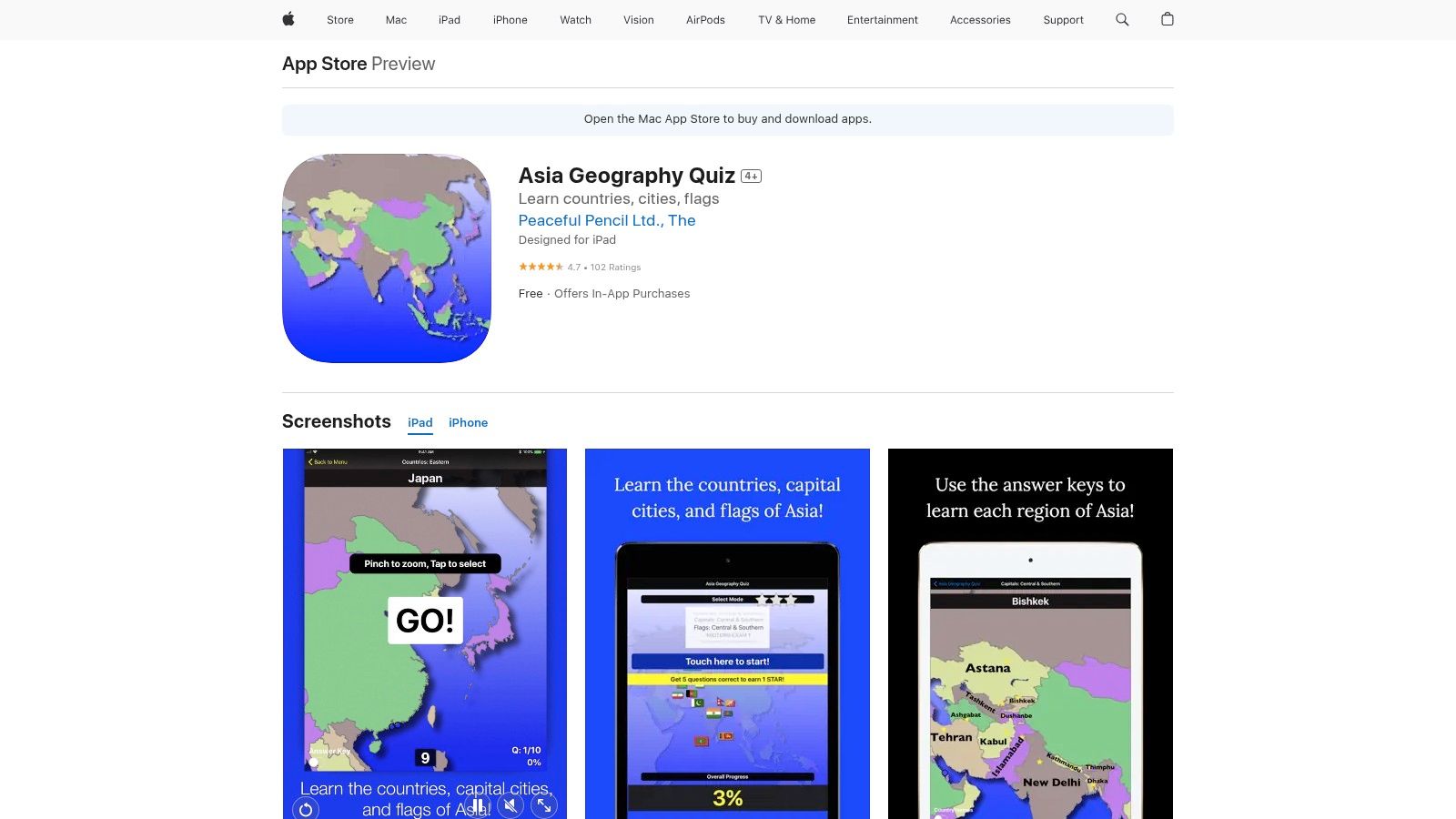 Apple App Store — Asia Geography Quiz (iOS app)