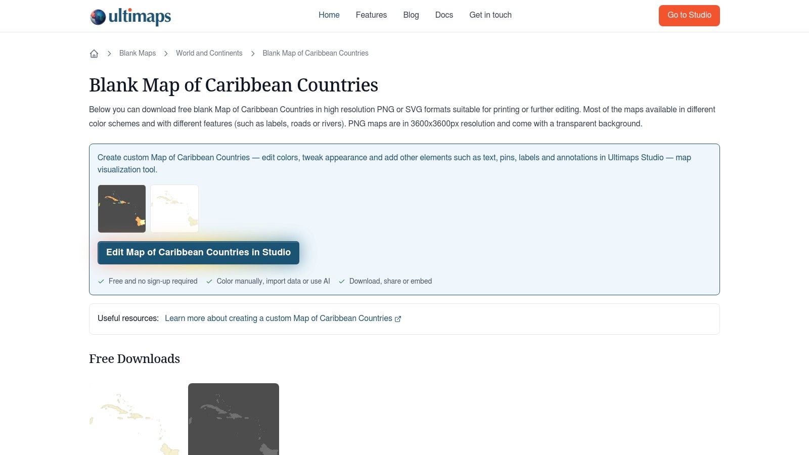 The Ultimaps Studio interface showing an interactive blank map of the Caribbean Sea with coloring and labeling tools.