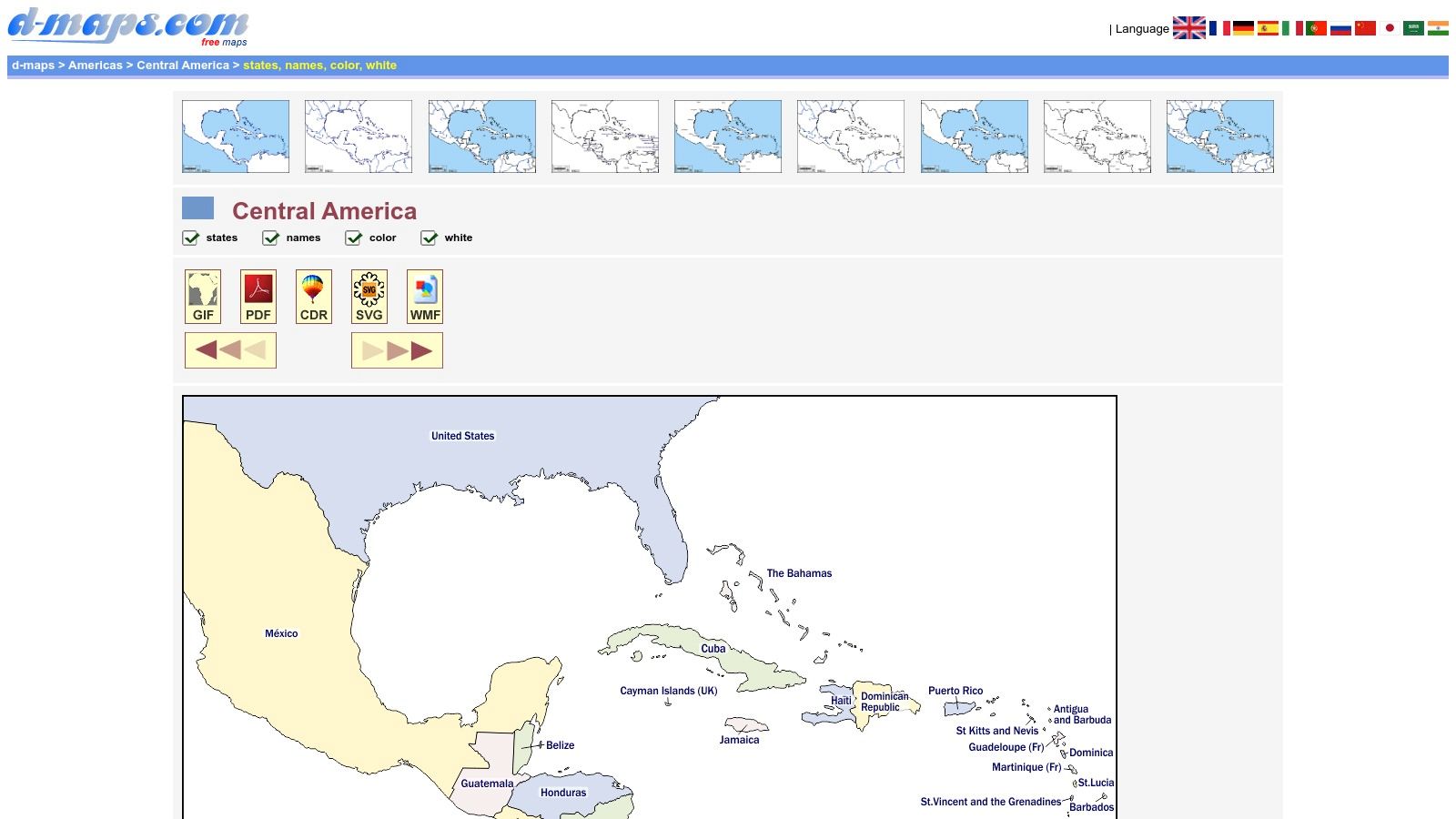 A blank outline map of the Caribbean from D-Maps showing various style options like color, white, and relief.