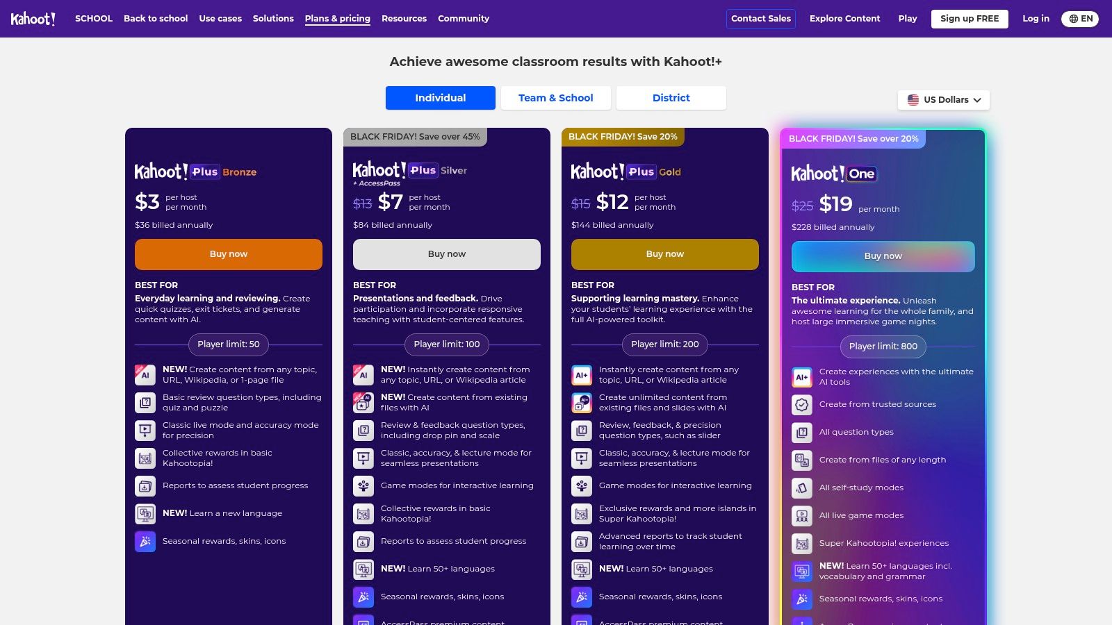 Kahoot! pricing plans