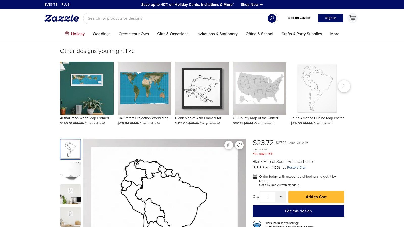 Zazzle product page showing a blank map of South America available as a poster.