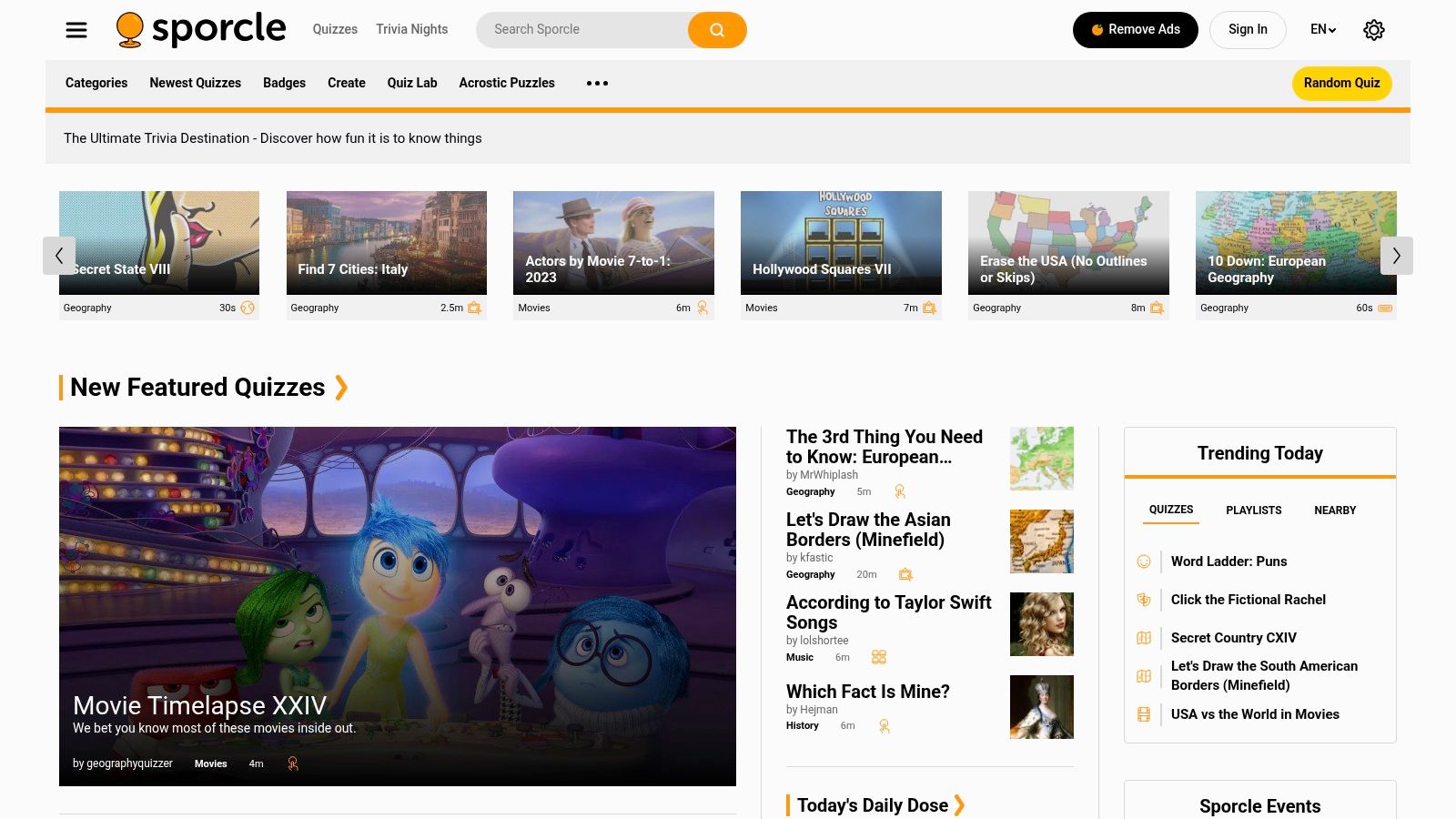 Sporcle's interface showing a variety of geography quizzes