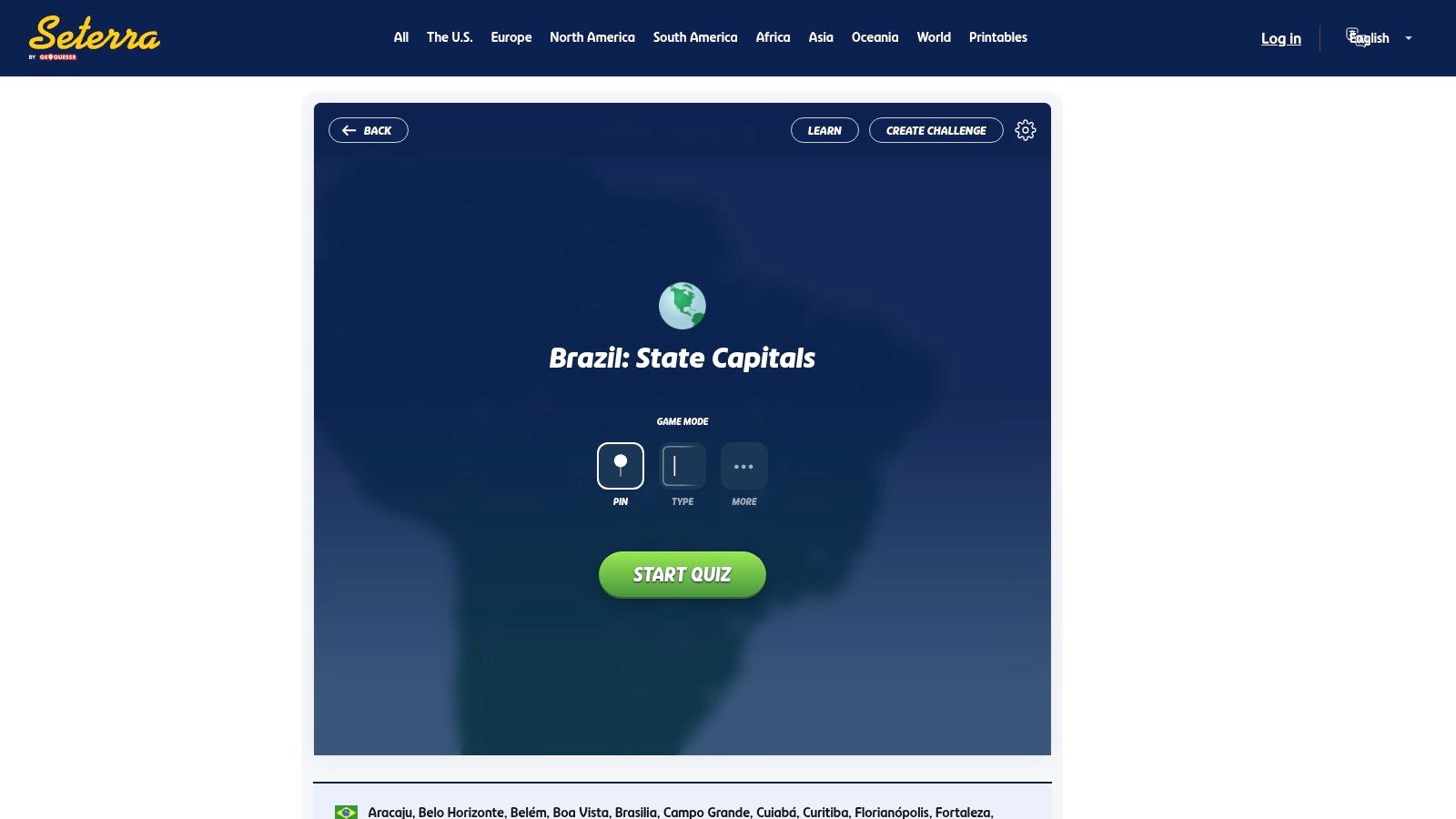 GeoGuessr (Seterra) South American Flags Quiz Interface