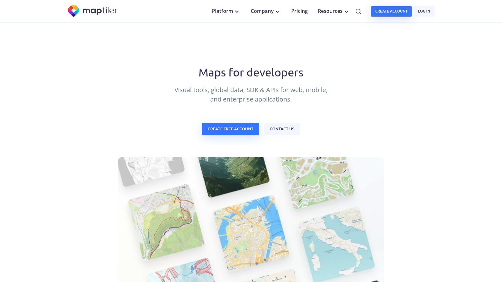 The MapTiler website interface showing various map styles and customization options.