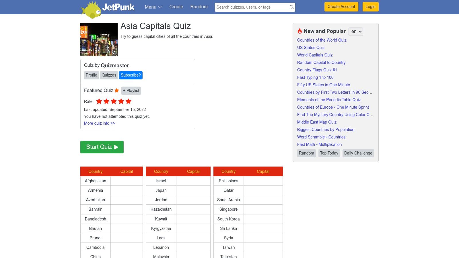 JetPunk — Asia Capitals Quiz
