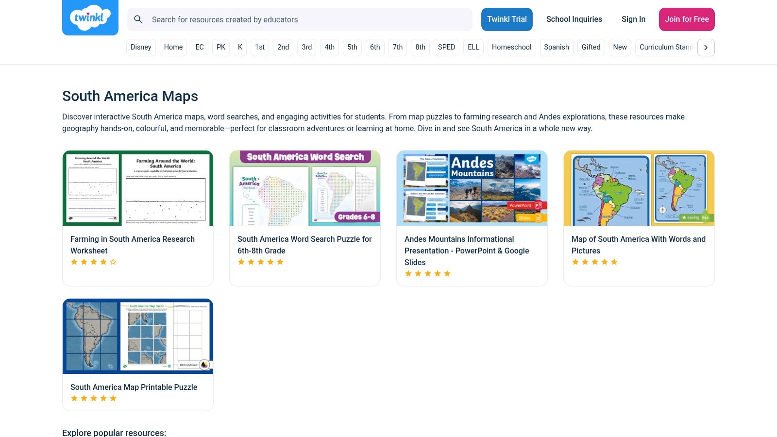 Twinkl map example showing a classroom display poster for South America geography.