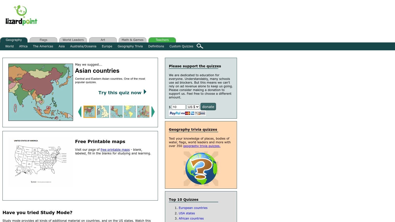 Lizard Point Geography's interface showing a clickable map quiz for Africa