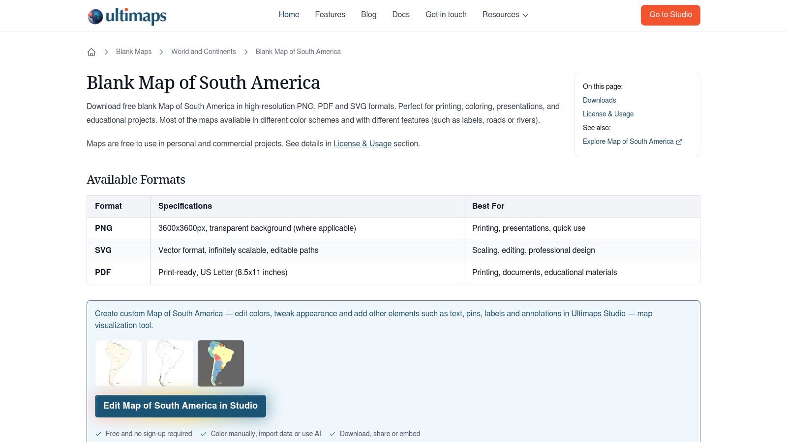Ultimaps editor showing a blank map of South America and Central America with color customization options.