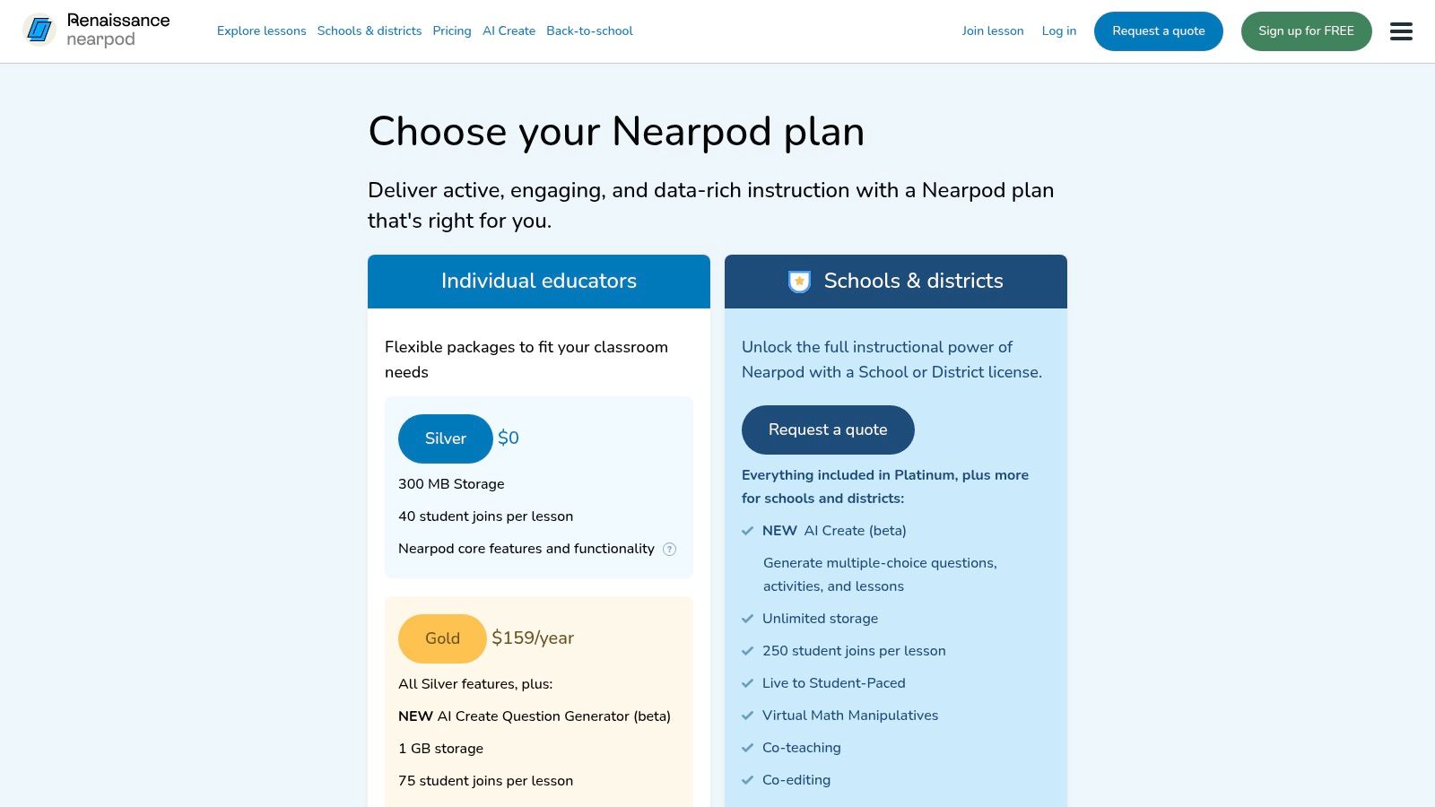 Nearpod pricing plans