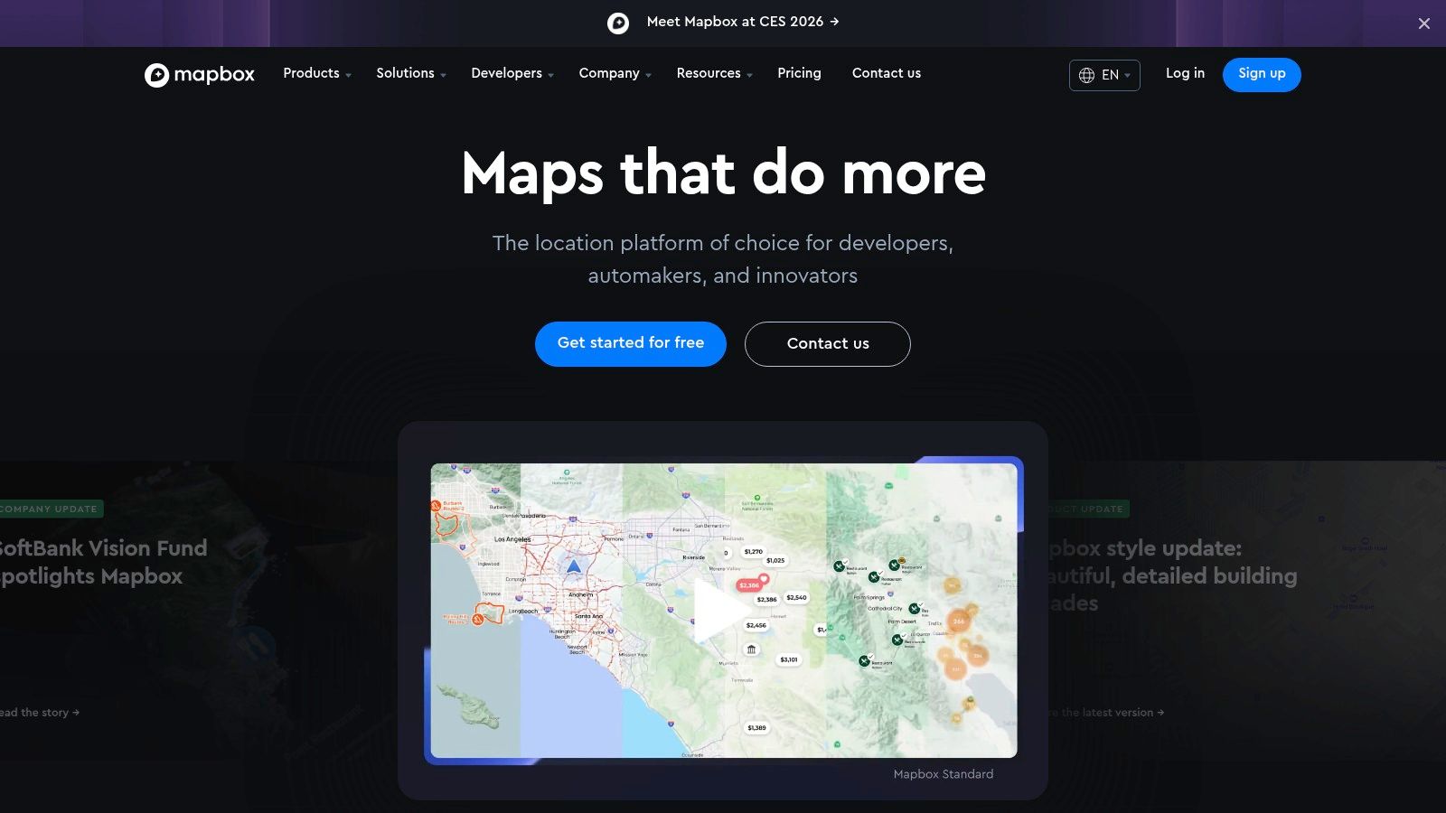 The homepage of Mapbox, showcasing a vibrant, stylized world map to highlight its design capabilities.