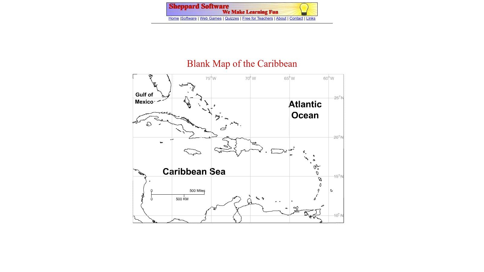 A simple blank outline map of the Caribbean from Sheppard Software, optimized for educational games.