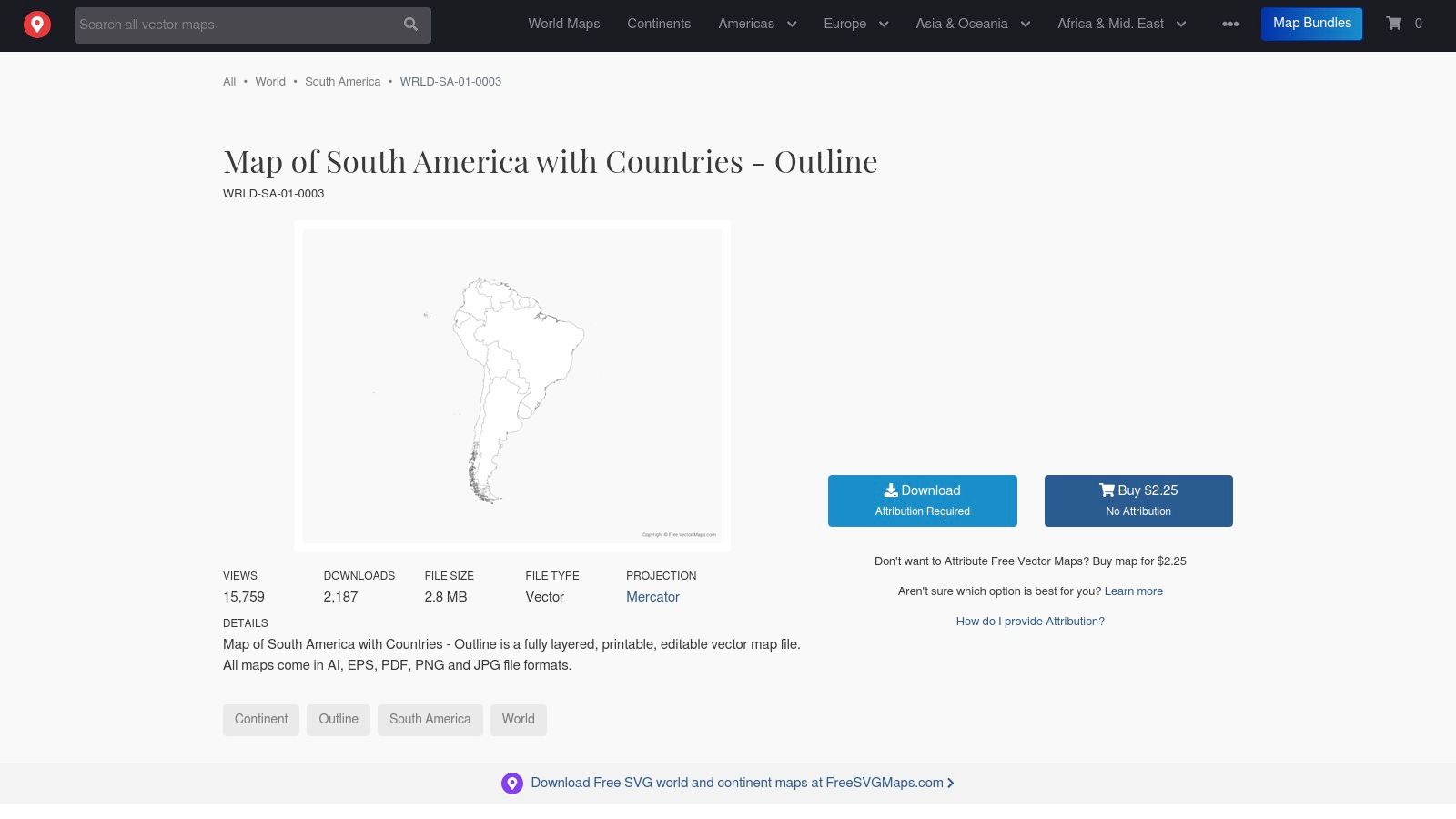 FreeVectorMaps screenshot showing a clean, high-resolution vector outline map of South America suitable for design projects.