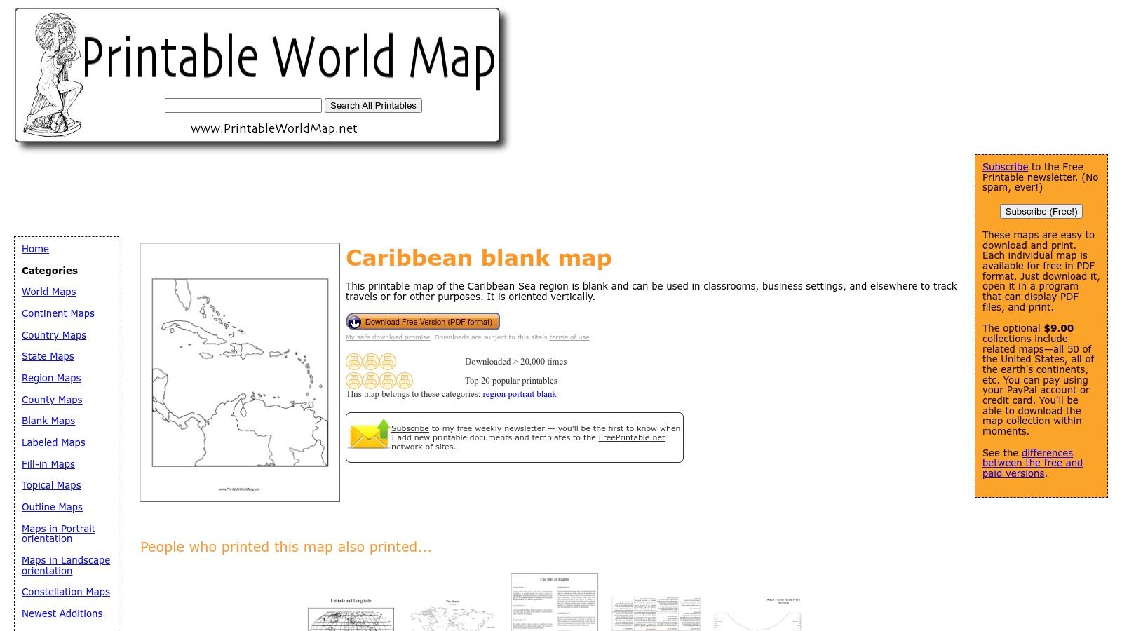A blank outline map of the Caribbean Sea from PrintableWorldMap.net, showing island outlines and surrounding landmasses.