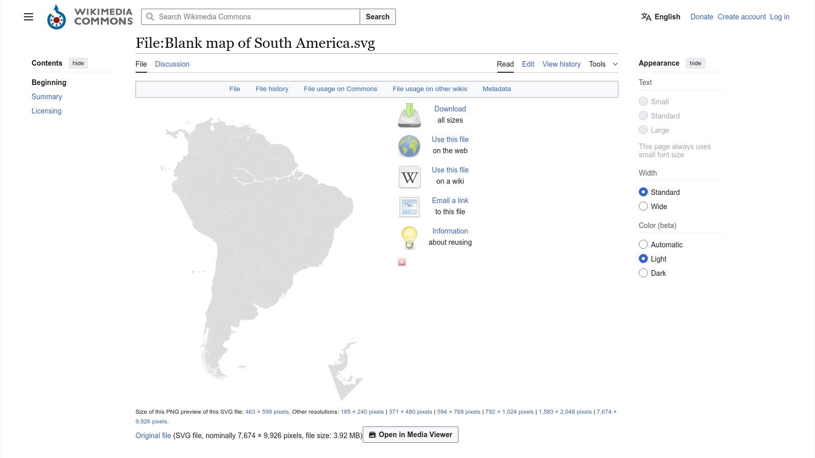 Wikimedia Commons map example showing a detailed, high-resolution SVG outline of South America suitable for editing.