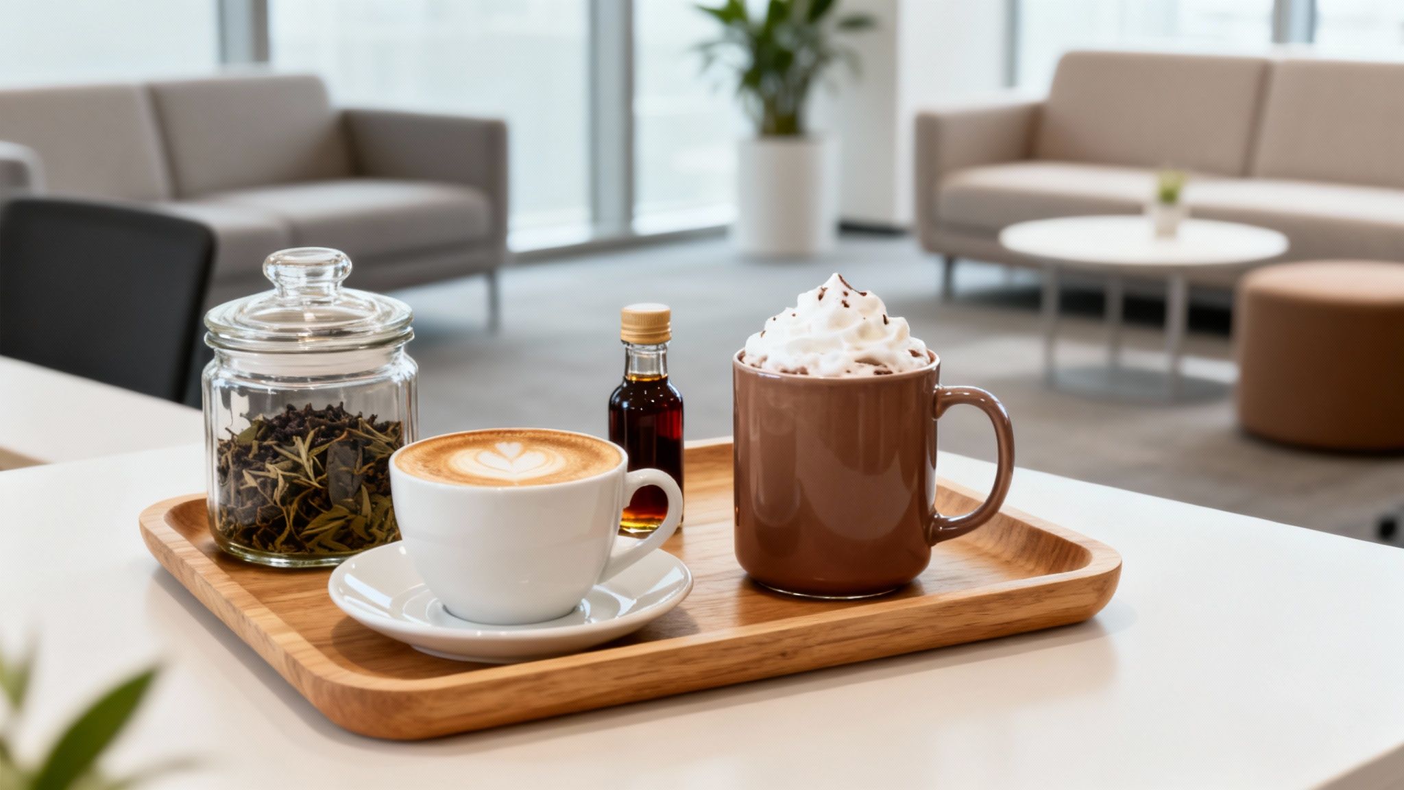 A wooden tray with a latte, hot chocolate, tea leaves, and syrup in a modern lounge.