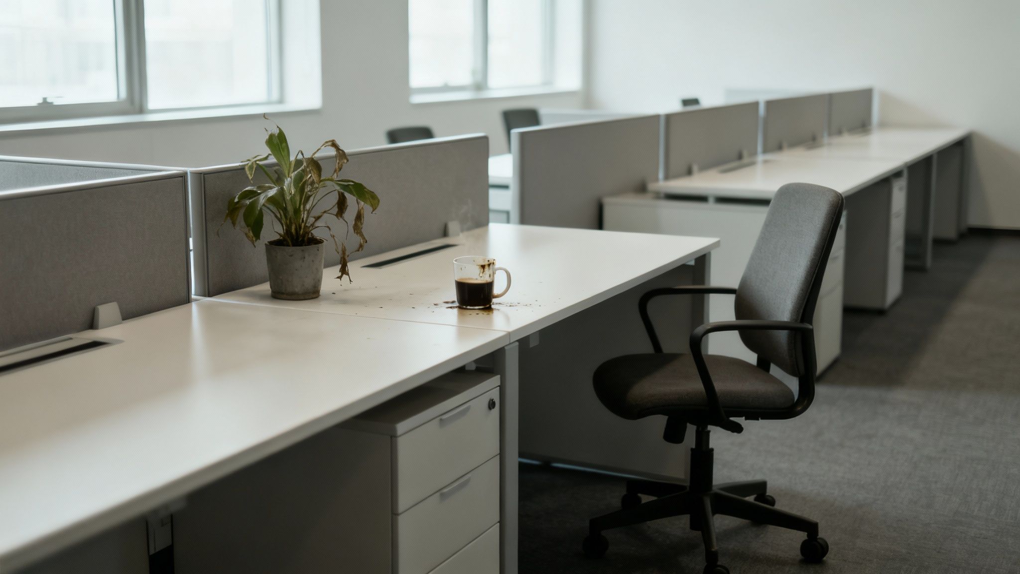 An empty office cubicle with a dying plant and a spilled coffee mug on the desk.
