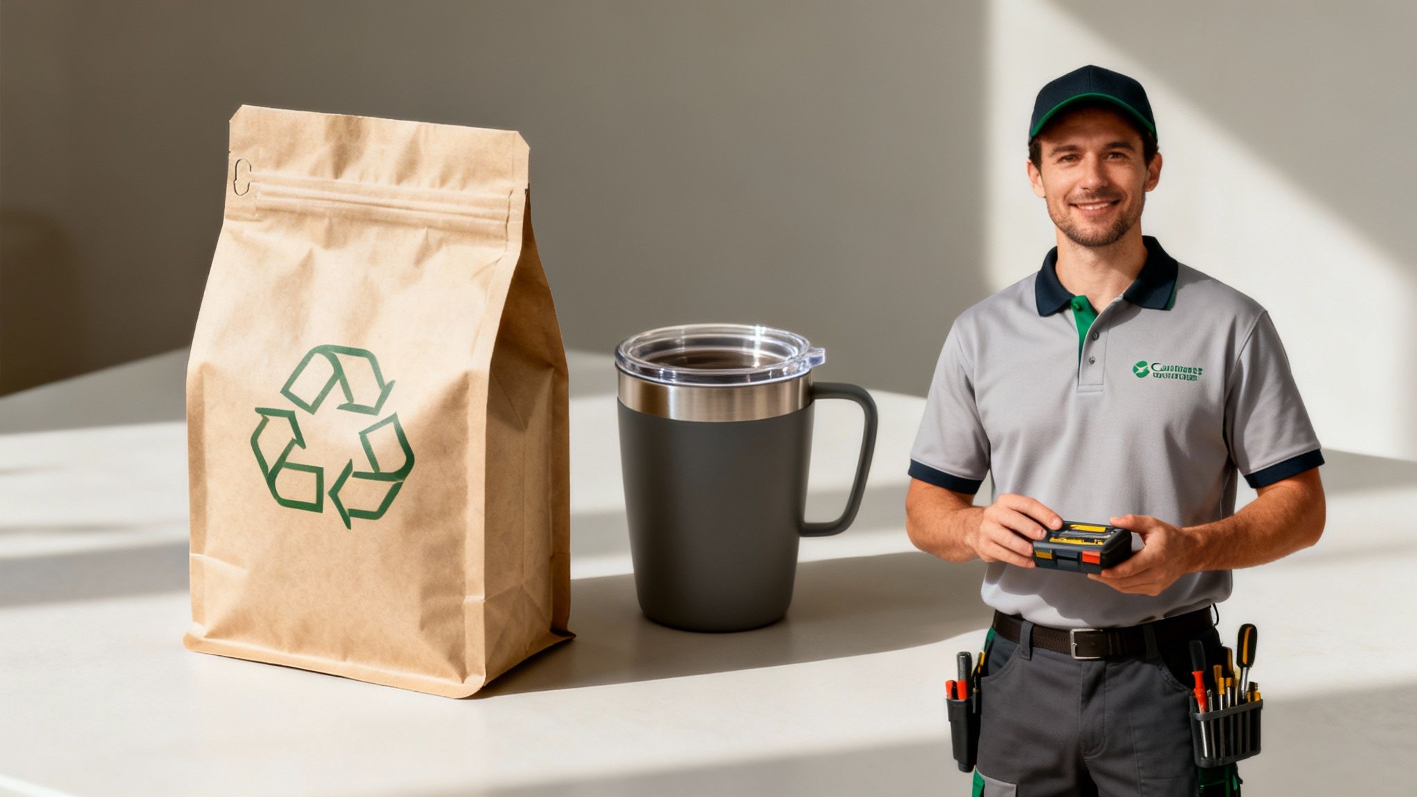 Smiling service worker with a toolbox, next to a recycled coffee bag and travel mug.