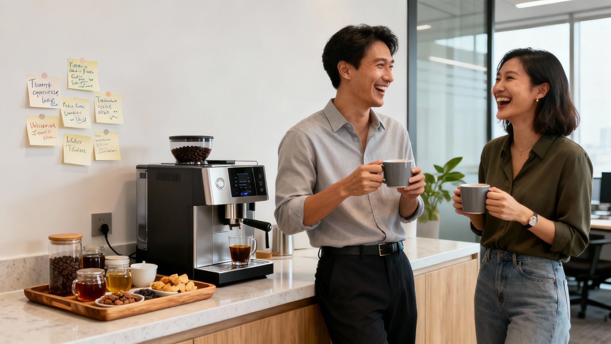 Two happy colleagues enjoying coffee and conversation in an office breakroom, promoting employee satisfaction.