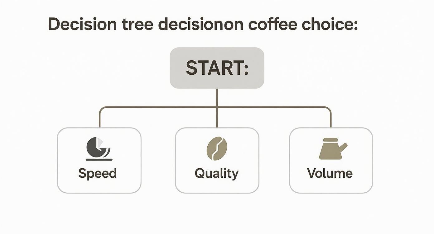 Decision tree flowchart showing three coffee choice criteria: speed, quality, and volume options