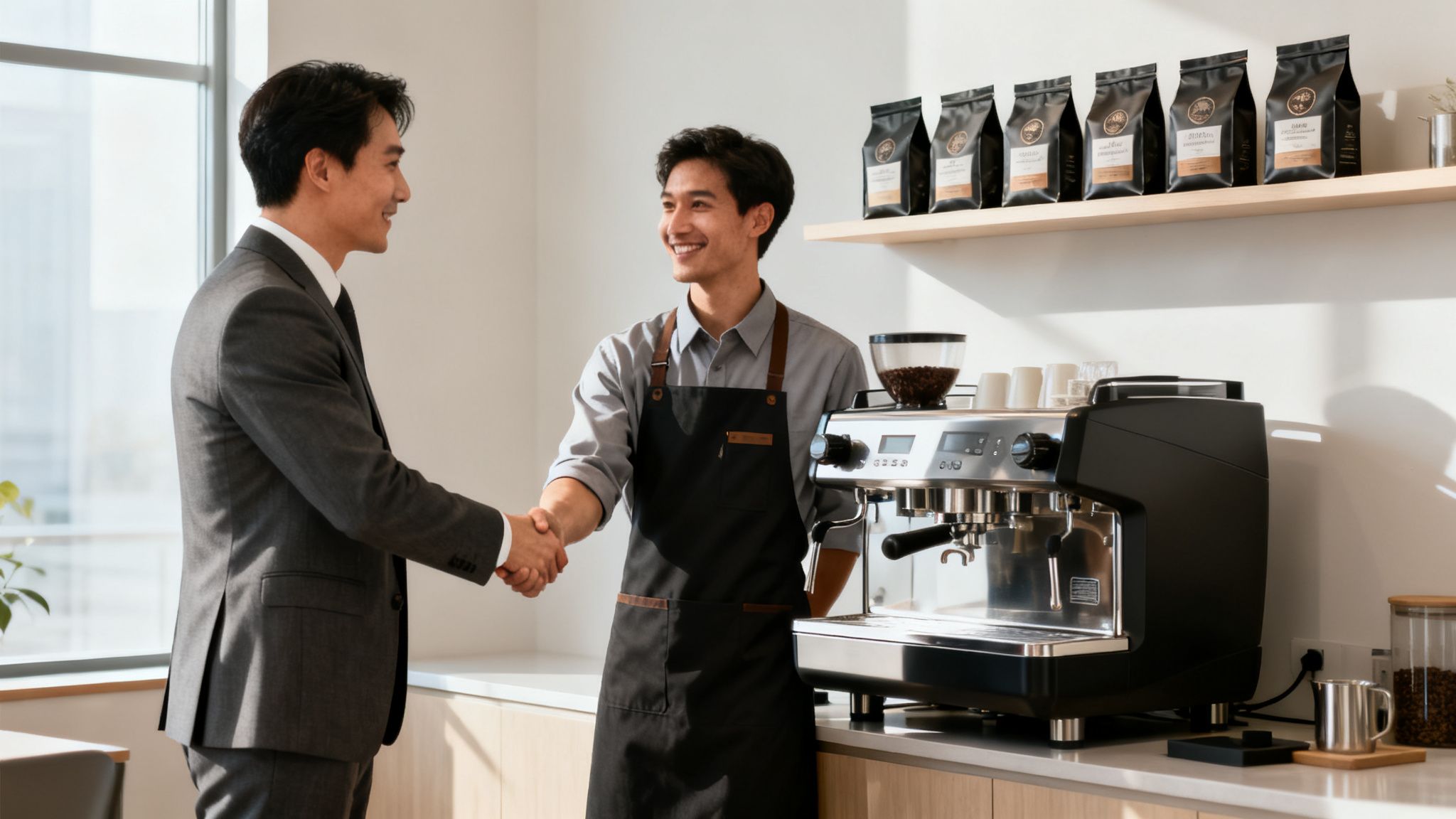 Businessman and barista shake hands next to a commercial coffee machine in a modern cafe.