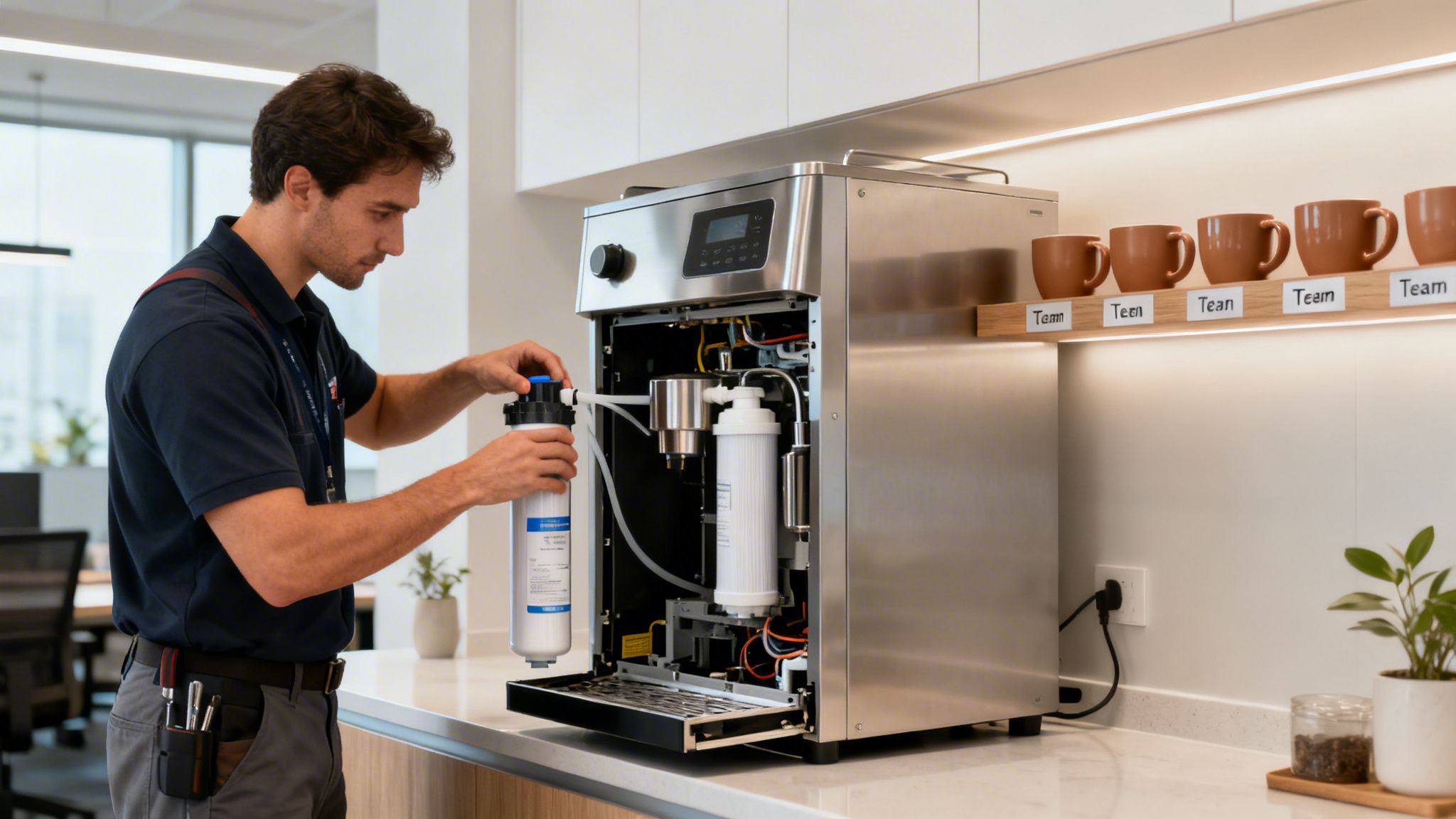 A technician replaces a water filter in a stainless steel commercial coffee machine in an office kitchen.
