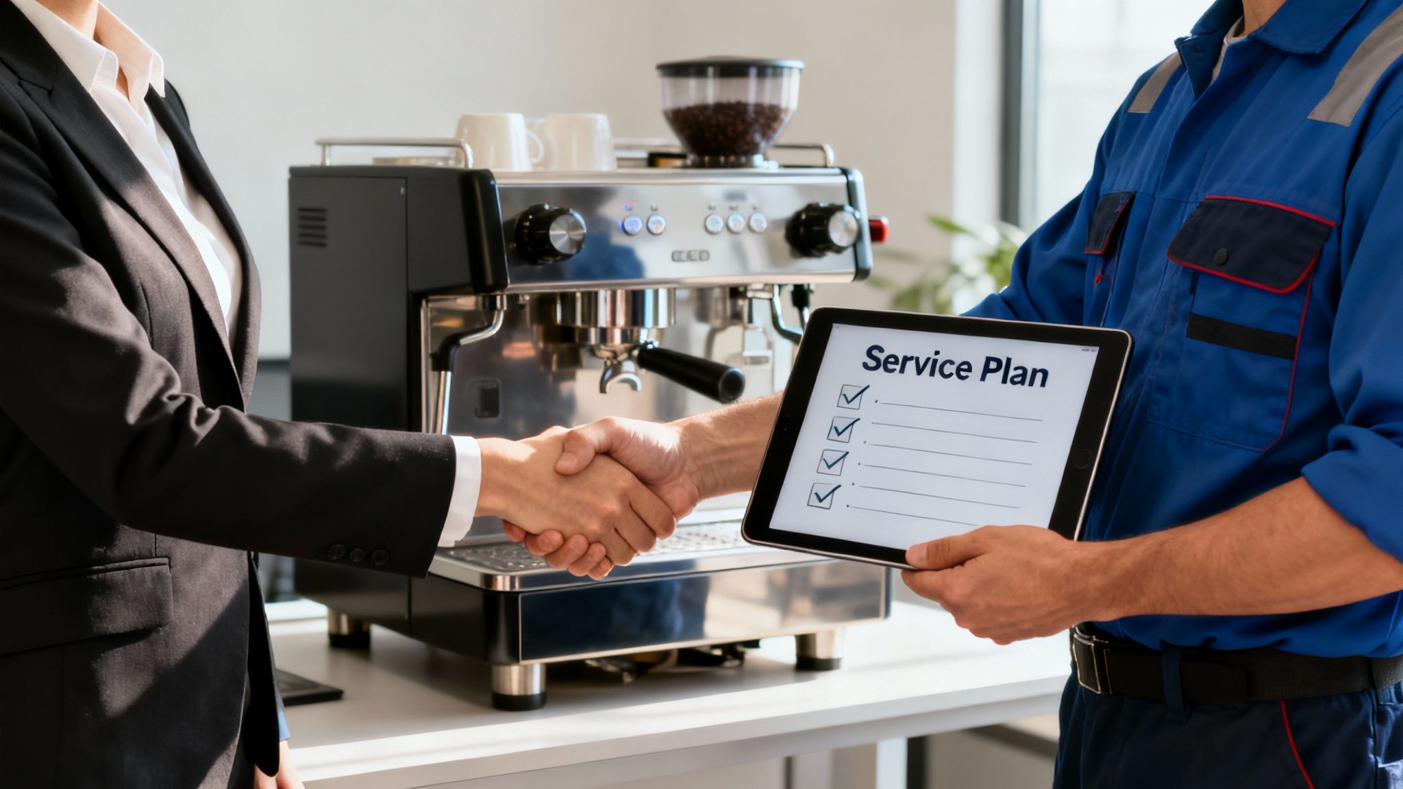 Two people shake hands near a commercial coffee machine, finalizing a service plan on a tablet.